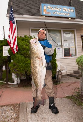 Klever Oleas took over first place in the Surf Masters Tournament with this 42 pound striped bass. Paulie's Tackle of Montauk