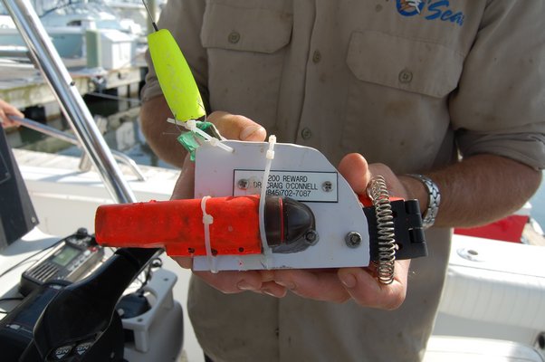 A homemade tagging device used by Dr. CraIg O'Connell to track sharks and film their behavior for the O'Seas Conservative Foundation's Shark Camp in Montauk. JON WINKLER