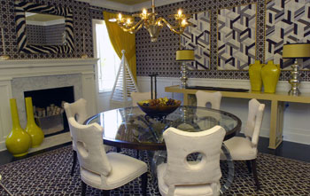  furry white chair and tango-themed prints.