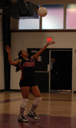 Pierson's Cindy Alvarez serves at Tuesday's home match against Stony Brook. JAMES HAAG