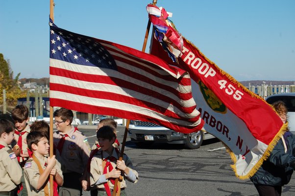 Cub Scouts prepare to march in the Sag Harbor Veterans Day Parade on Friday