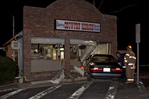 A car was driven into the front of Country Heroes on Montauk Highway in Westhampton Beach on Sunday evening