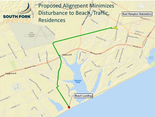 The route the power cable from the South Fork Wind Farm would follow from the shore landing at Beach Lane in Wainscott to the PSEG substation in East Hampton Village. The cable would be buried beneath public roadways