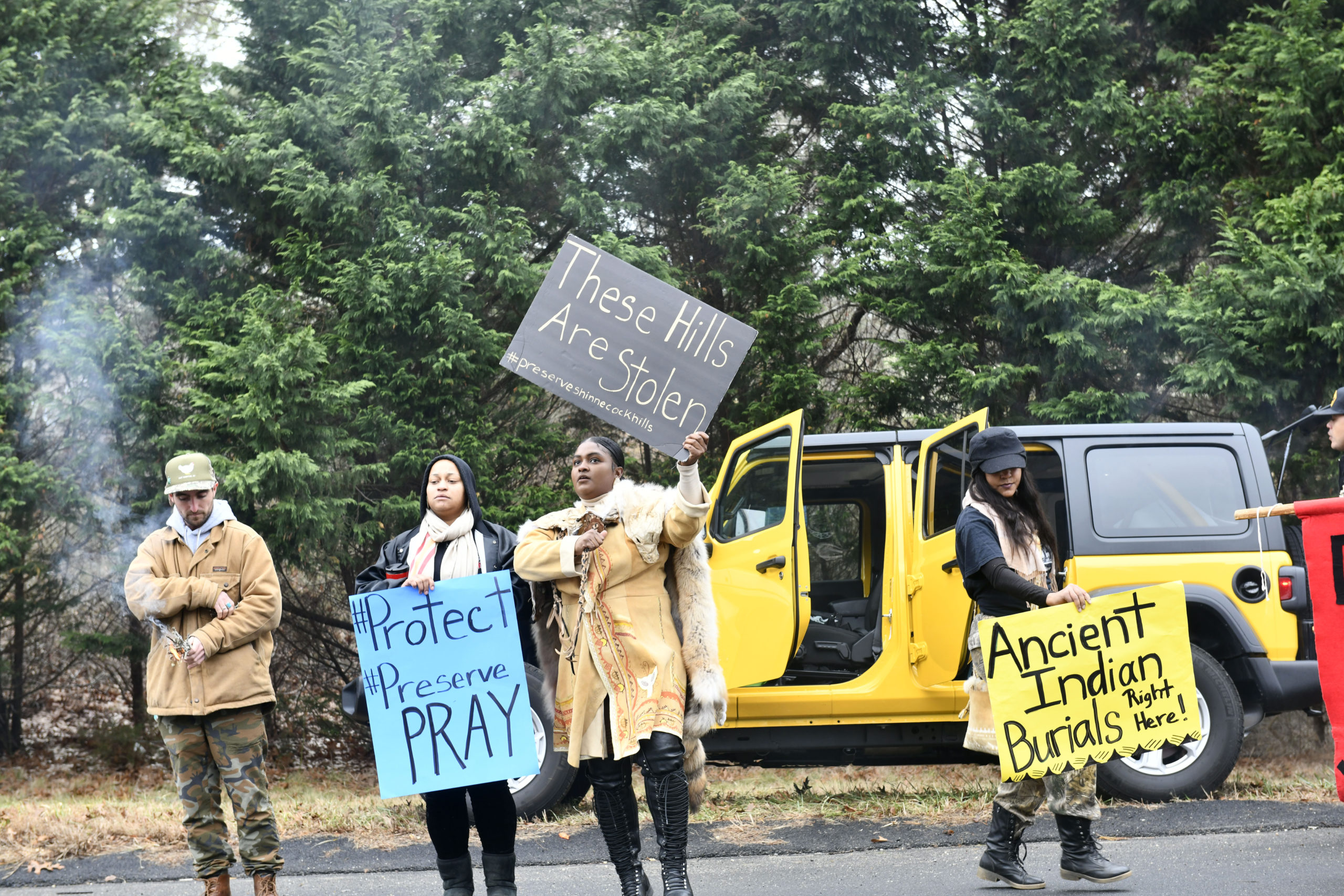 The Shinnecock Indian Nation held a large-scale protest on Tuesday in front of parcel of land in Shinnecock Hills slated for development that is considered sacred to the tribe and a well-known burial site for their ancestors, as well as other Native American tribes.  DANA SHAW