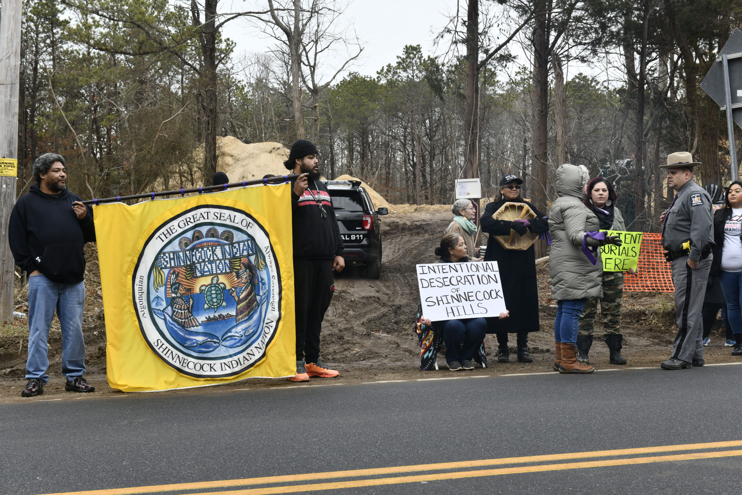 Memebers of the Shinnecock Nation prostest at the Sugar Loaf property in Shinnecock Hills on Tuesday, January 14.  DANA SHAW