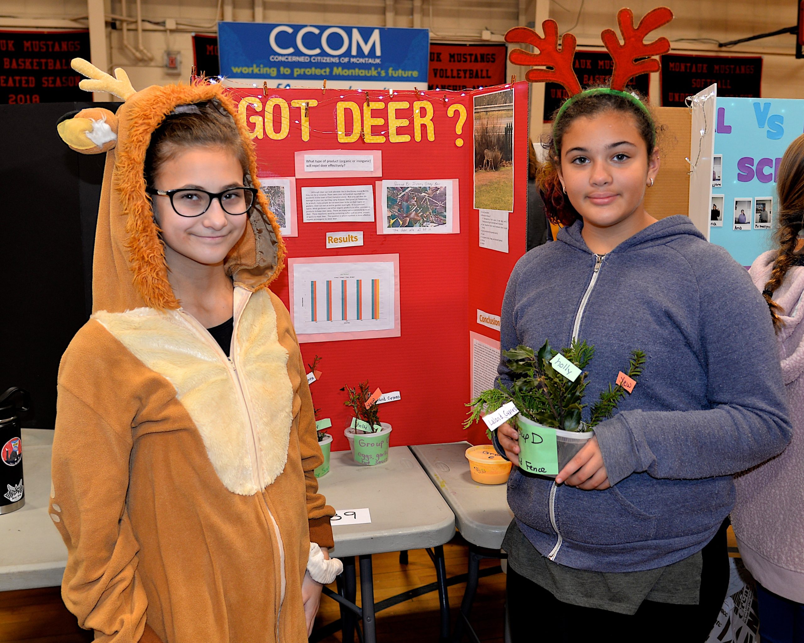 Montauk School and the Concerned Citizens of Montauk partnered for the annual Montauk School Science Fair on Friday. Mary Jo Corron and Liann Valentin studied the deer-repelling qualities of various plants. KYRIL BROMLEY