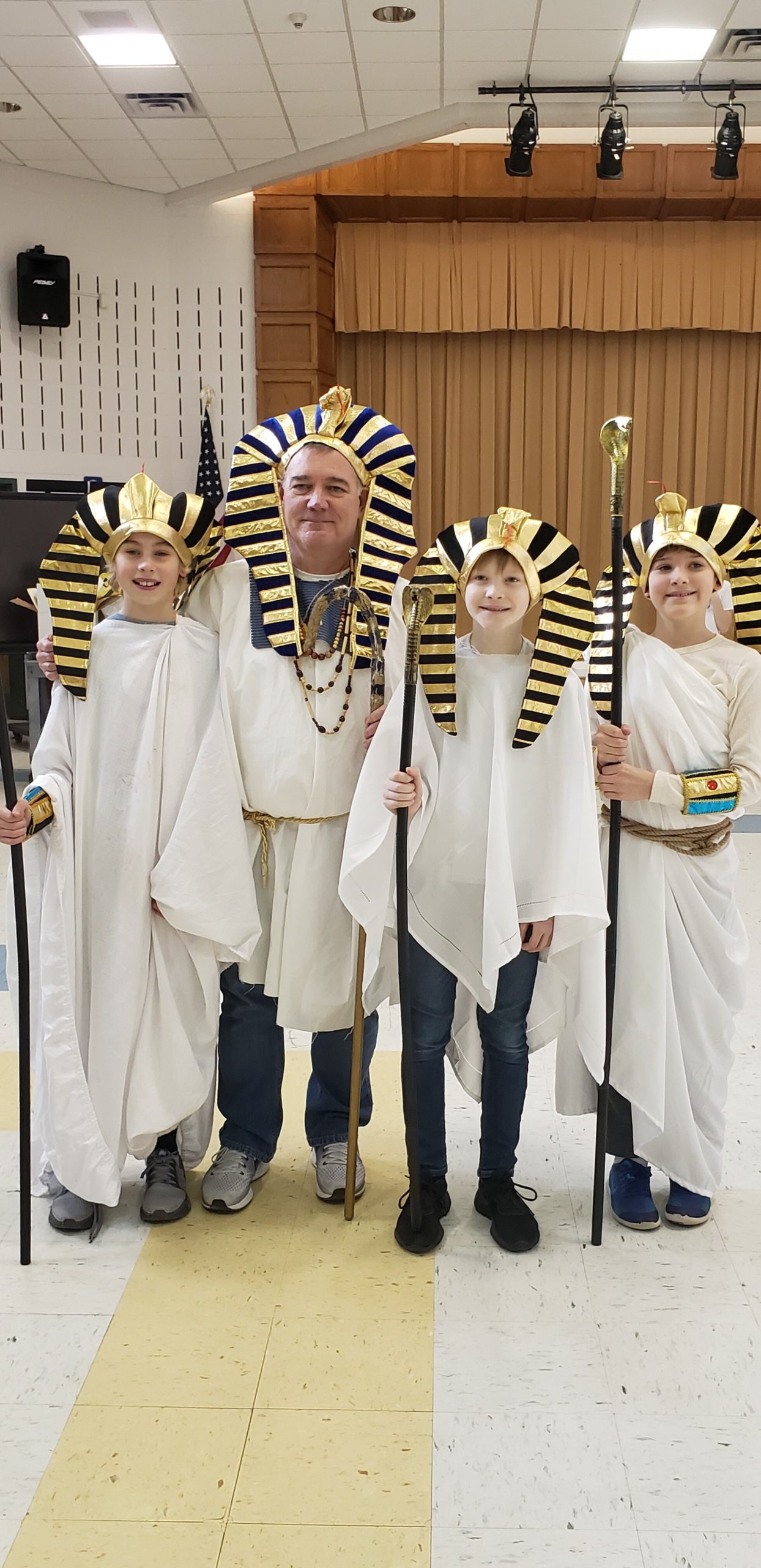 East Quogue Elementary School's sixth grade held its annual Egyptian market recently and, from left, Cooper Daniels, George Purkis, Matthew Dunkirk and Aidan Judd were dressed for the occasion.