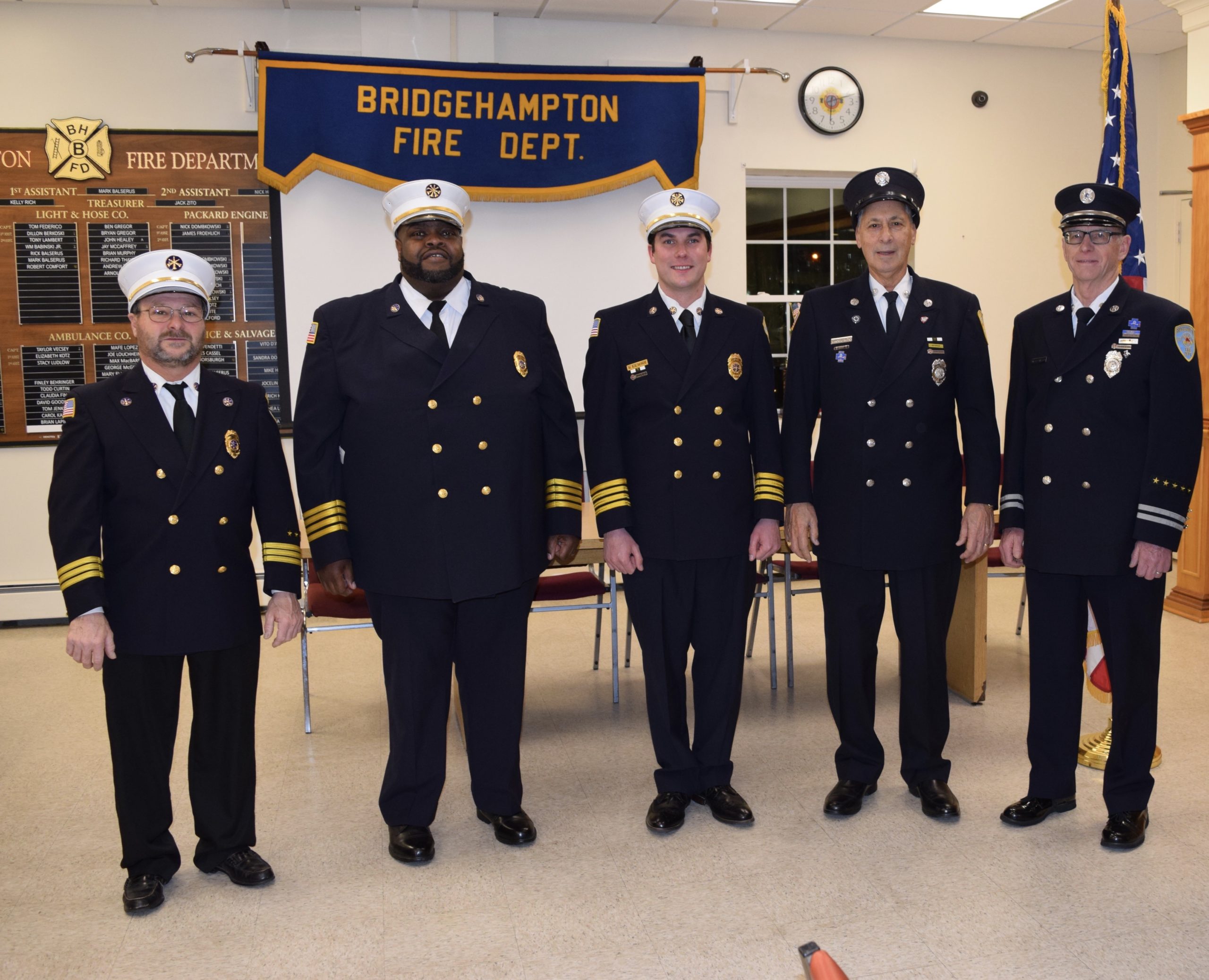 The 2020 officers for the Bridgehampton Fire Department were sworn in on January 8. From left, 2nd Assistant Chief Tom Federico, 1st Assistant Chief Nick Hemby, Chief Mark Balserus, treasurer Jack Zito, and deputy treasurer Harry Halsey. Richard Kelly, not in photo, was sworn in as secretary. 