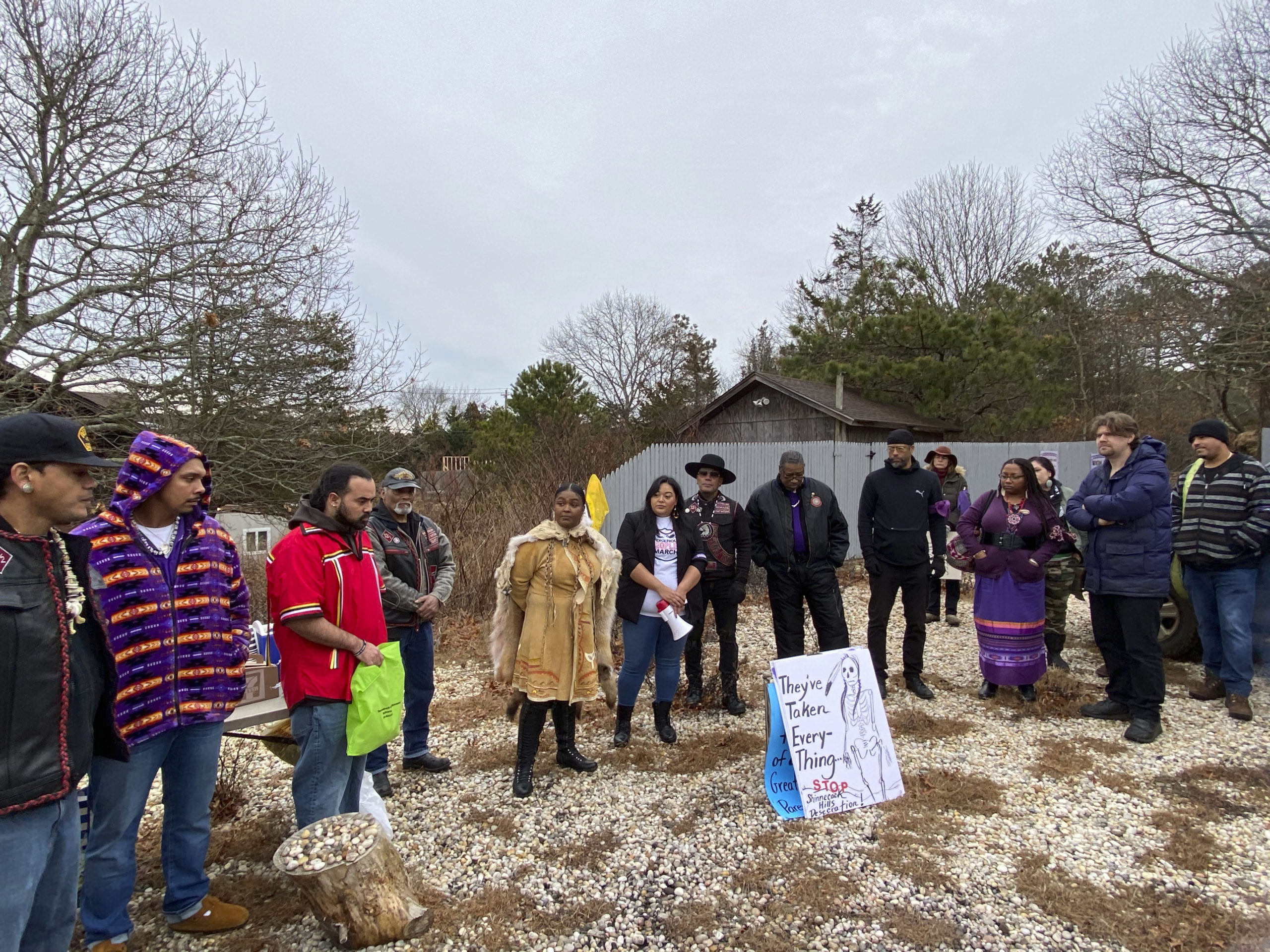 Memebers of the Shinnecock Nation and other local tribes prepare for the protest at the Sugar Loaf property in Shinnecock Hills on Tuesday, january 14.  DANA SHAW