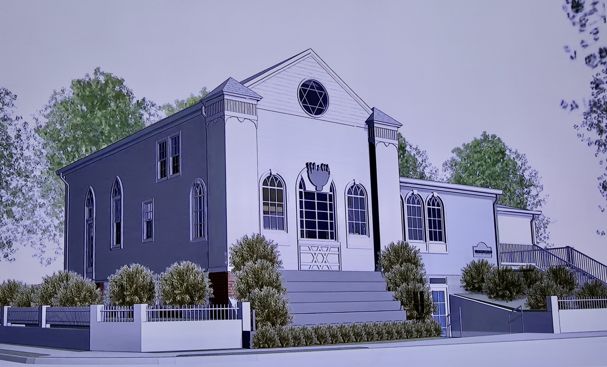 A rendering of the Temple Adas Israel social hall and classroom expansion plan, including recreated corner palisters or towers to duplicate the original 1899 design of the temple. 