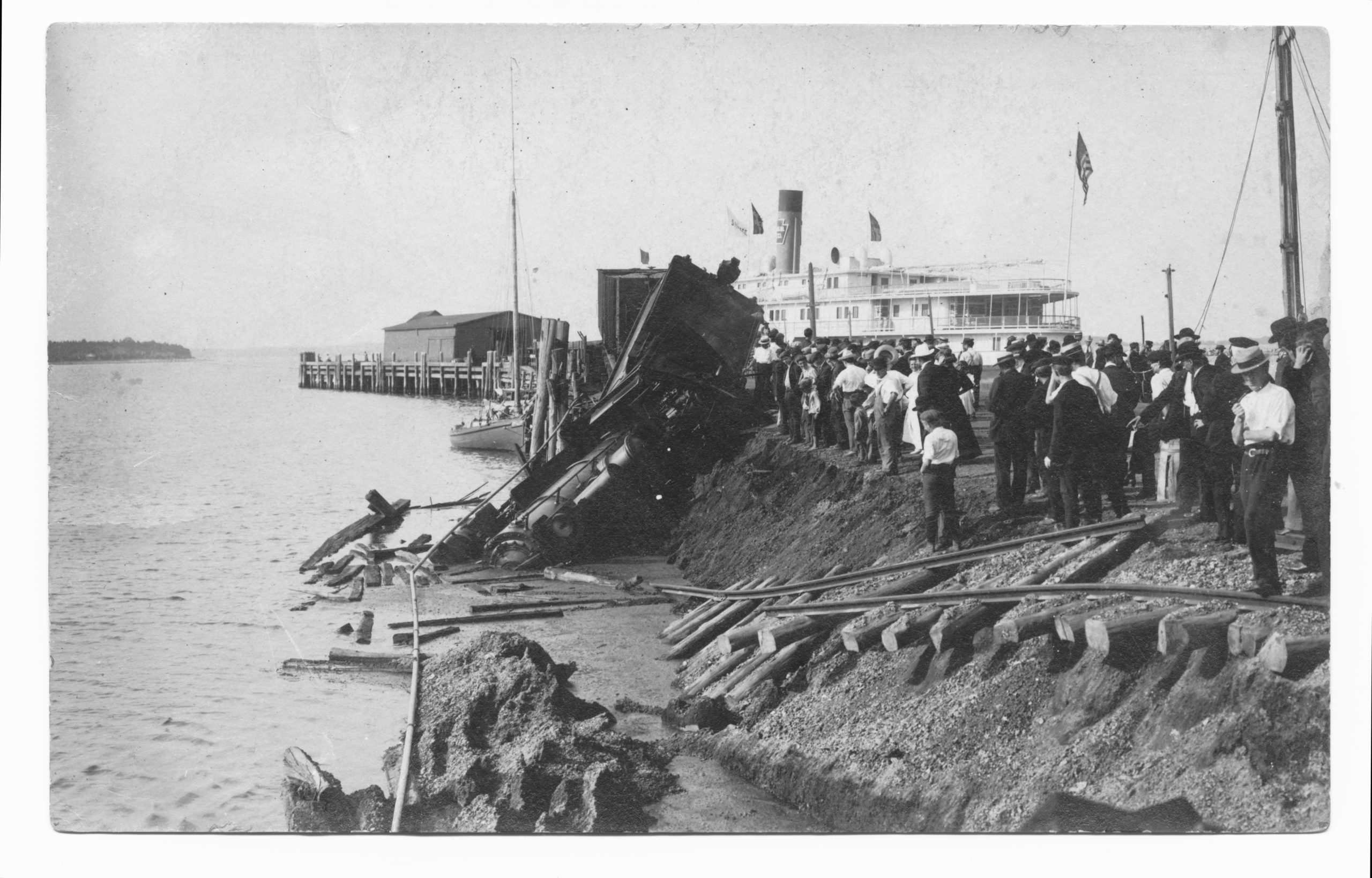 This Long Island Rail Road locomotive ended up in the harbor when a portion of Long Wharf collapsed in 1908. Gift of Steve Peters to Sag Harbor Historical Society.