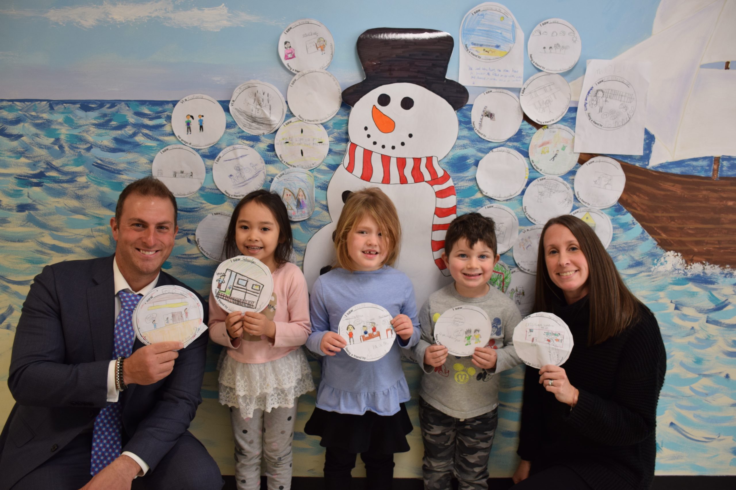 Southampton Elementary School students posed with Sammy the Snowman, the centerpiece of a friendship initiative at the school. From left,Assistant Principal Jeremy Garritano, kindergartners Katherine Choy, Eleanor McGowin and Jack Brody, and teacher Sara Drohan.