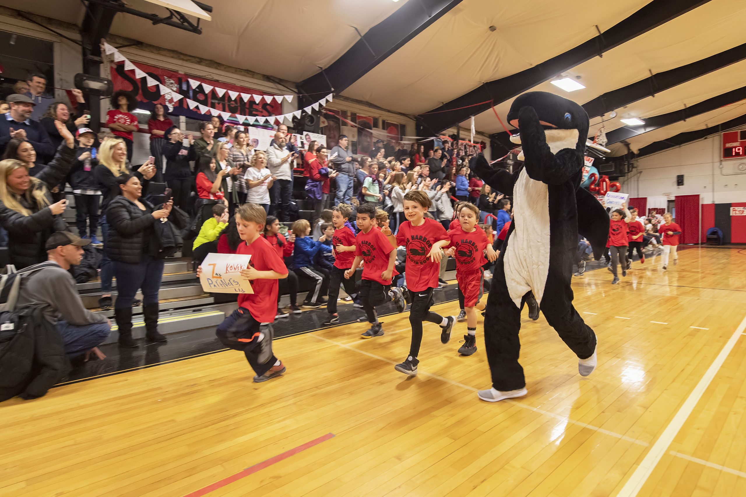 The Grand Parade of Sag Harbor Youth Hoops participants was held during the halftime of the Lady Whalers' game as part of the 2020 Spirit Night festivities at Pierson High School on Friday night.