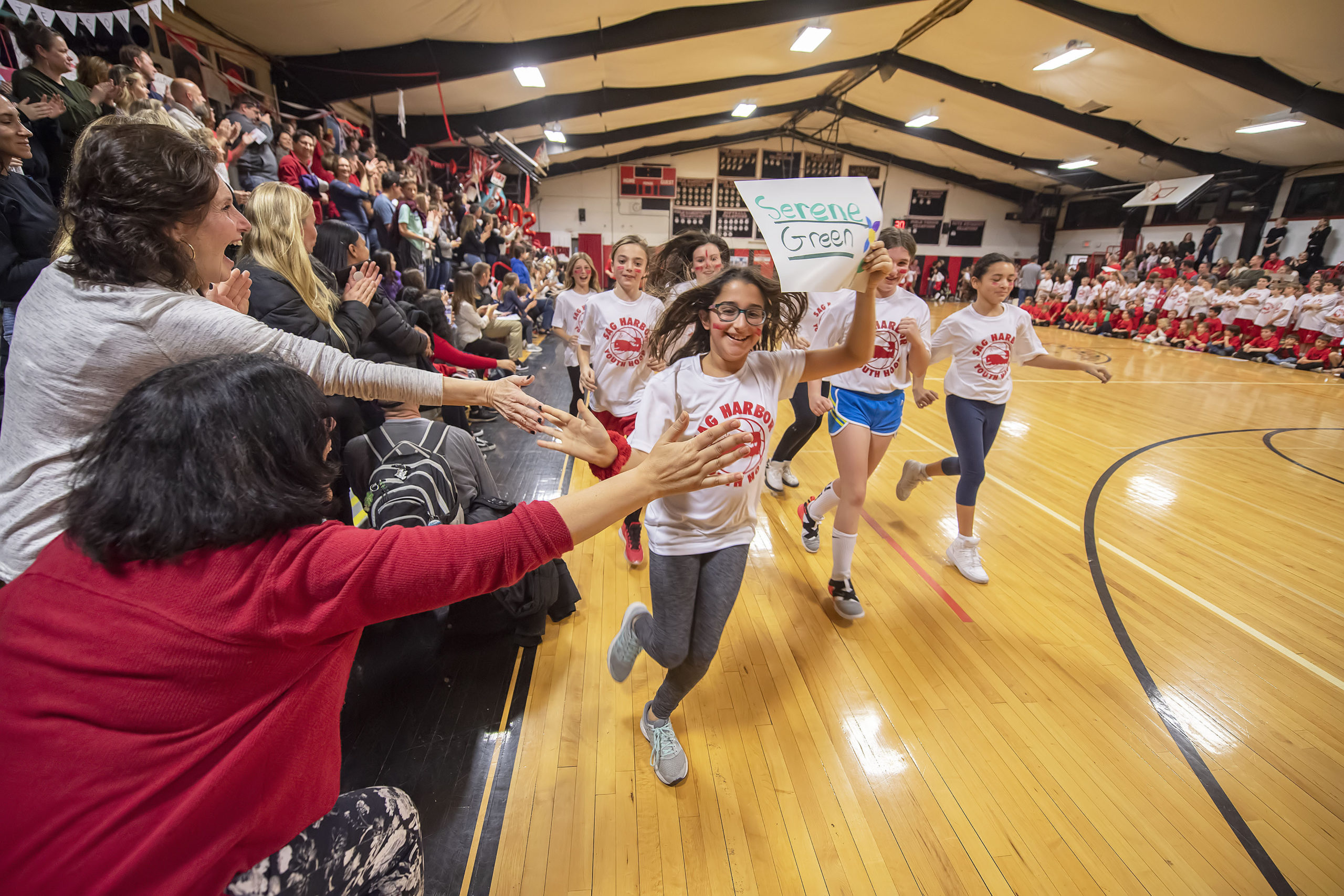 The Grand Parade of Sag Harbor Youth Hoops participants was held during the halftime of the Lady Whalers' game as part of the 2020 Spirit Night festivities at Pierson High School on Friday night.