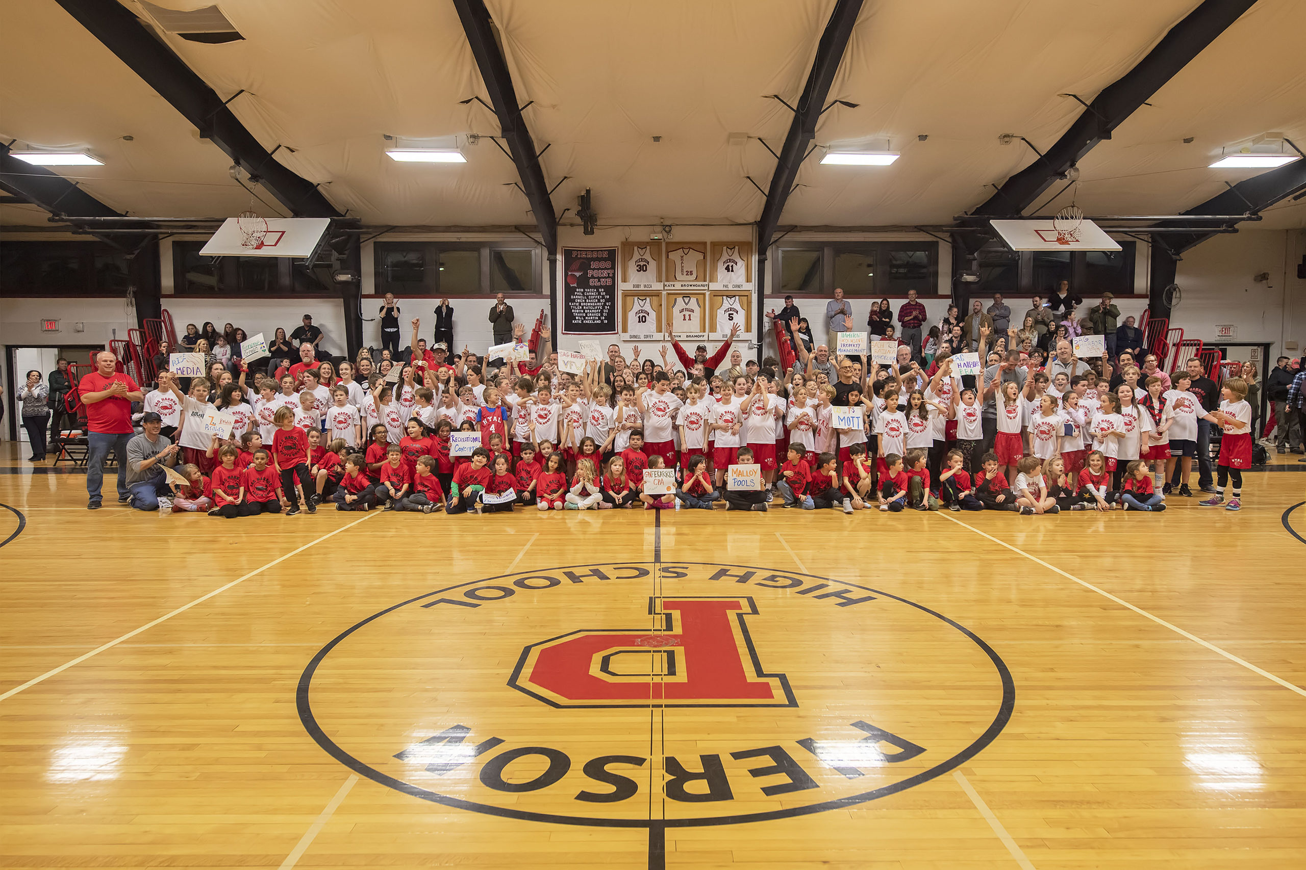 The Sag Harbor Youth Hoops participants during the halftime of the Lady Whalers' game as part of the 2020 Spirit Night festivities at Pierson High School on Friday night.