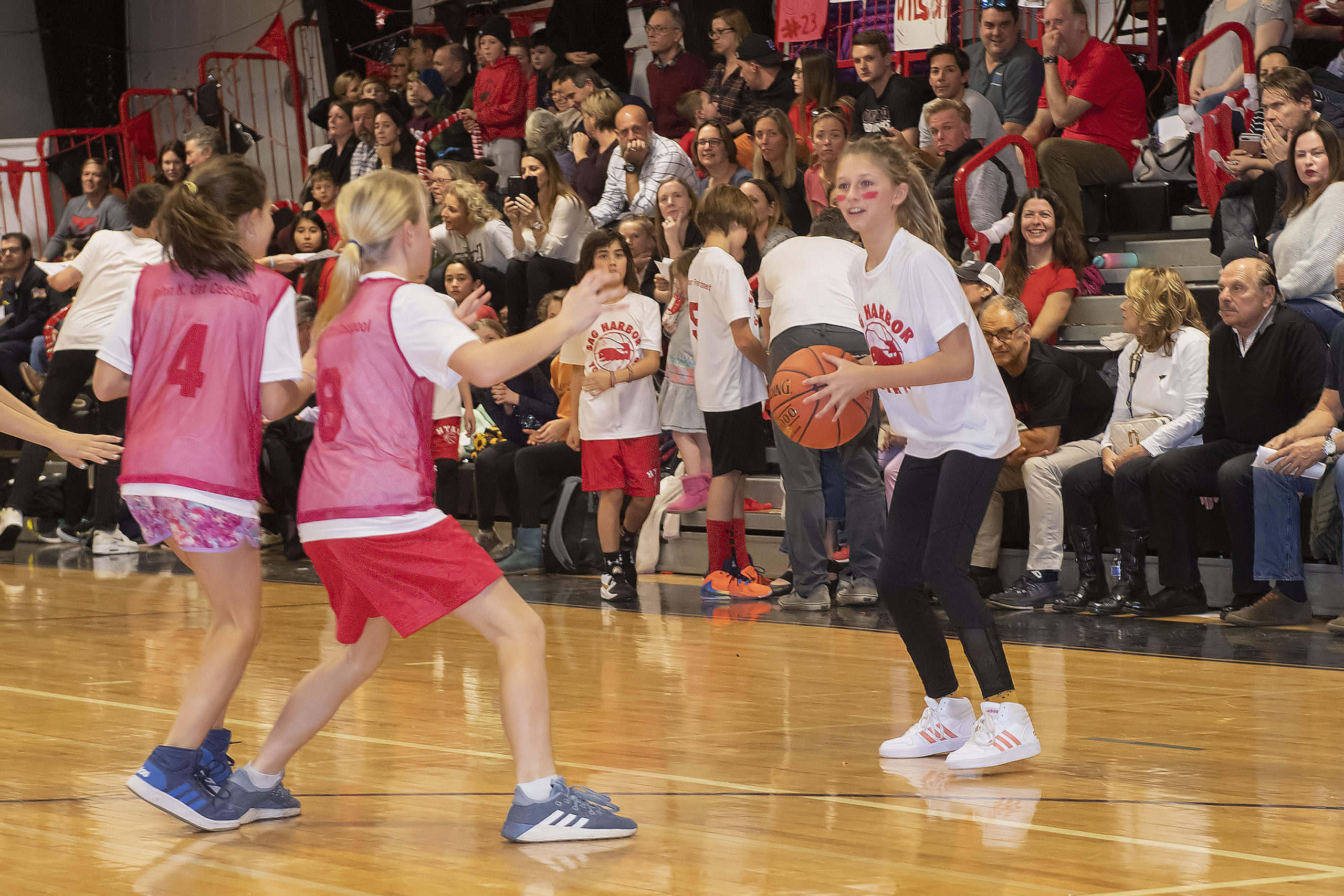 The Sag Harbor Youth Hoops participants during the halftime of the Lady Whalers' game as part of the 2020 Spirit Night festivities at Pierson High School on Friday night.