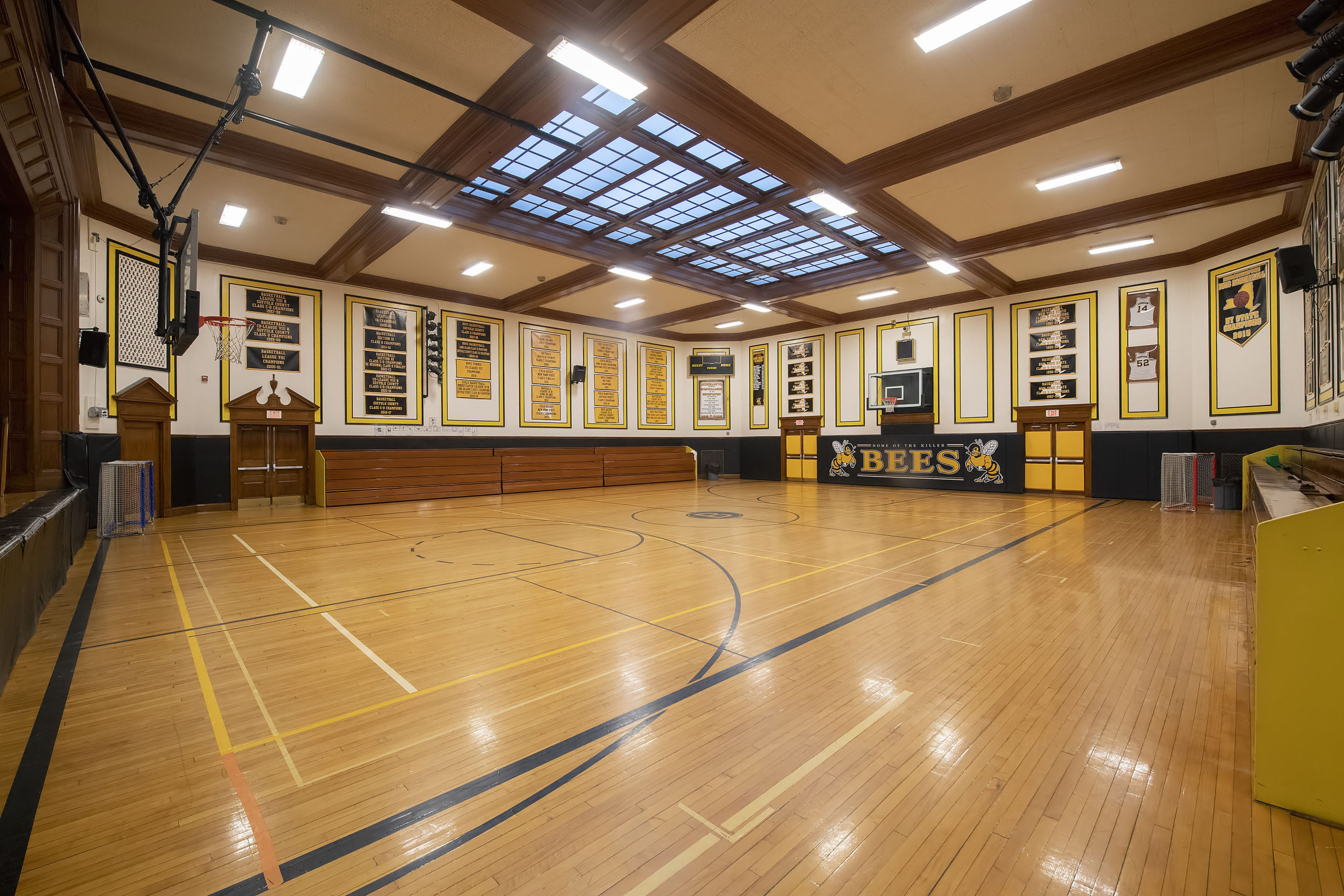 The Hive measures 37 feet sideline to sideline and 55 feet baseline to baseline, 13 feet and 19 feet smaller, respectively, than a regulation-sized high school basketball court.