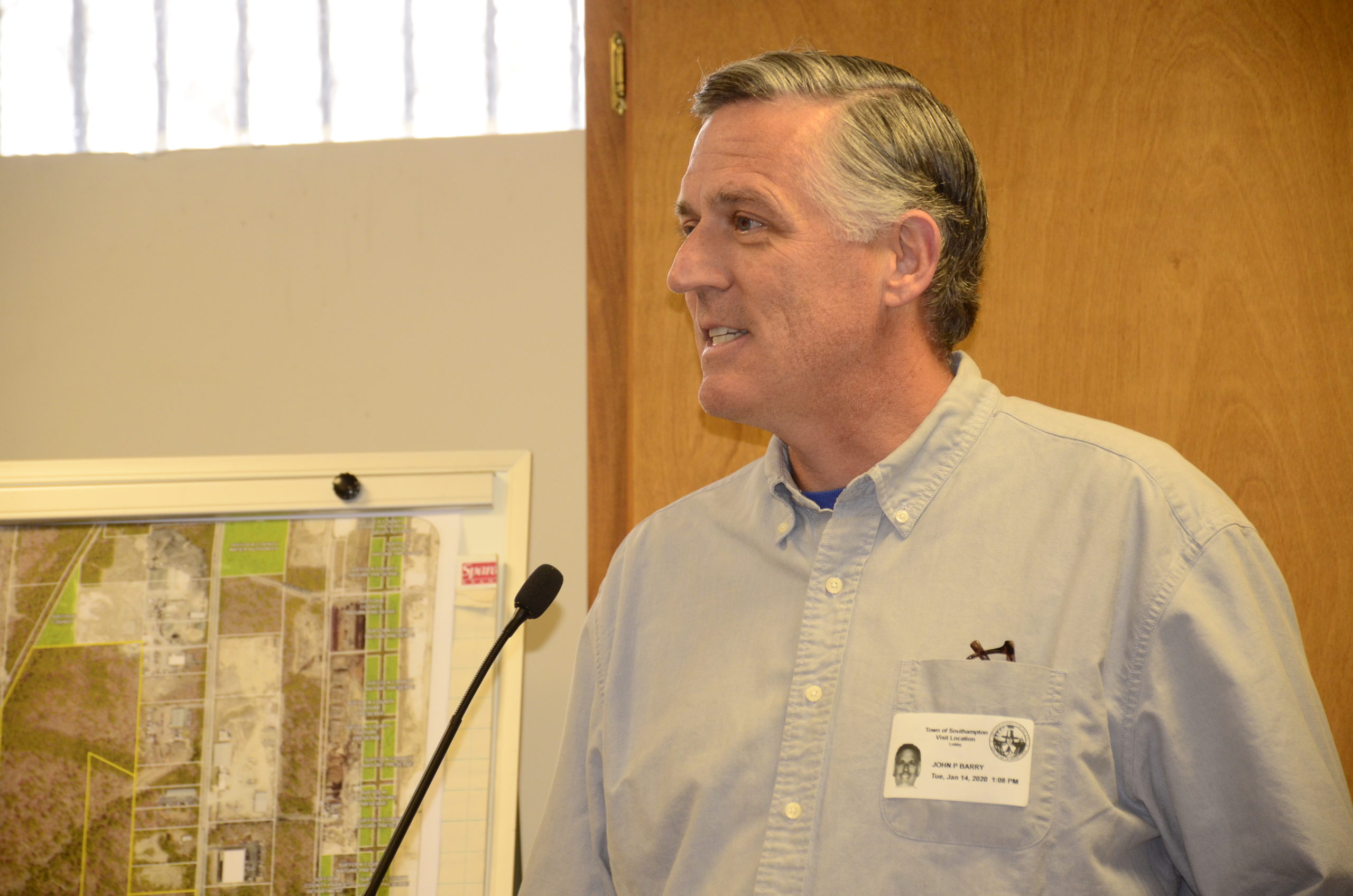 John Barry addressed the town board Tuesday afternoon regarding the 160-acre land parcel in Speonk being considered for CPF.