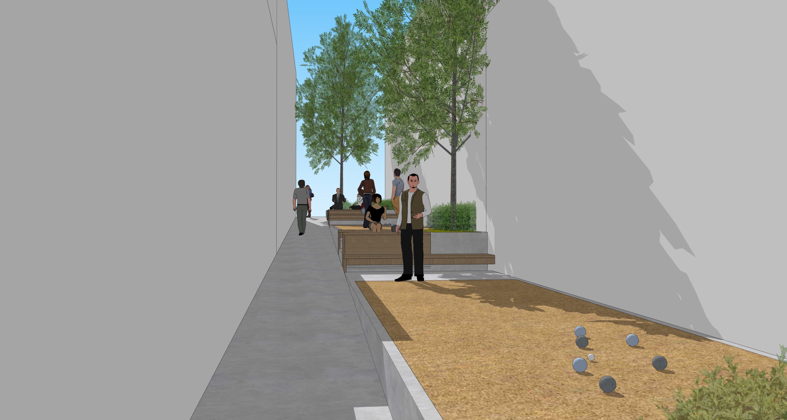 The architect Blaze Makoid has proposed installing two courts for the French game, petanque, in the alley between the Sag Harbor Variety Store and Sag Harbor Pharmacy. COURTESY BLAZE MAKOID ARCHITECTURE