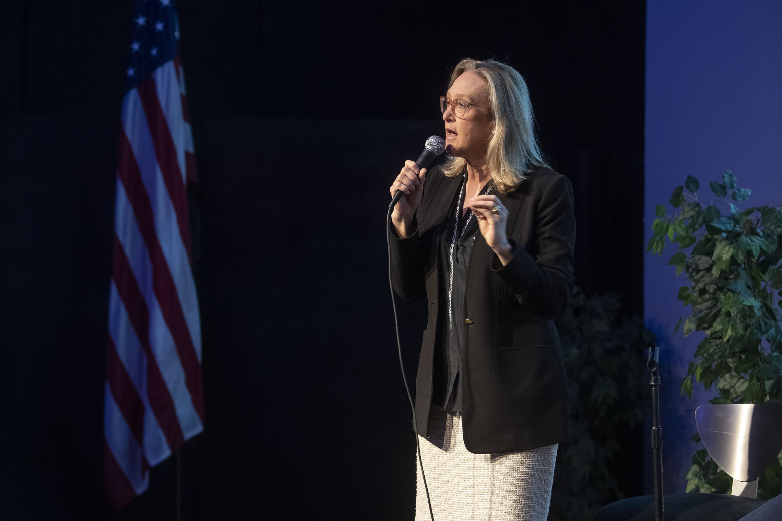 Candidate Bridget Fleming speaks during a forum of democratic candidates for the 1st Congressional District at LTV Studios in East Hampton on Monday night.      MICHAEL HELLER