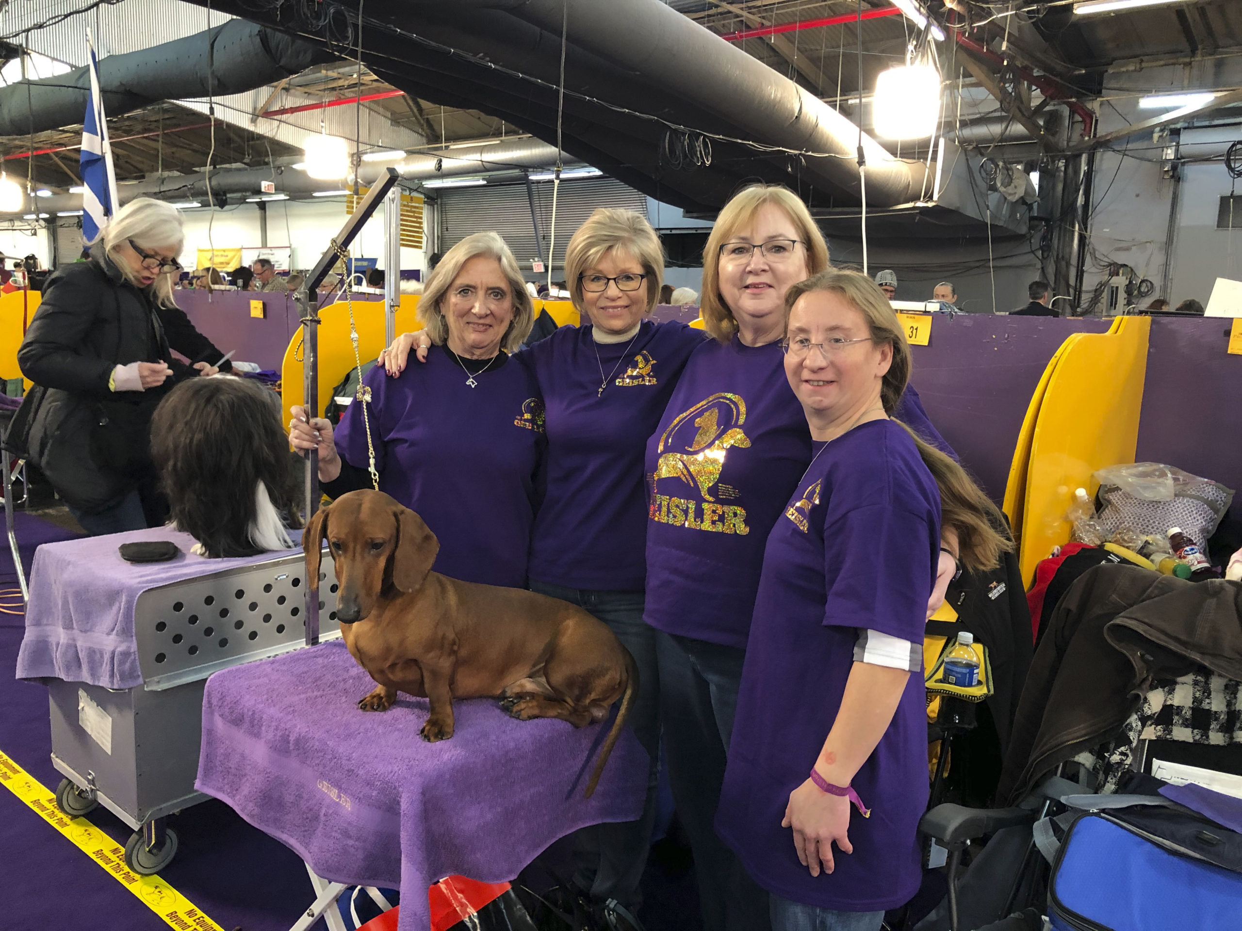 Southampton High School alum Alex Geisler, far right, with her Smooth Haired dachshund, Hammer, in the benching area of the Westminster Dog Show. SHELLY BORKOSKI
