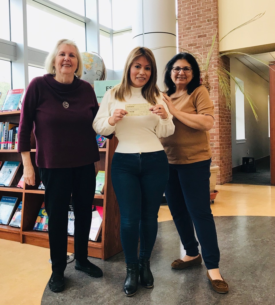 Wilma Ramirez, center, of Hampton Bays won a $300 scholarship from Peconic Bay Zonta, a nonprofit group that works to improve the status of women and girls. Peconic Bay Zonta members Diane Greenberg, left, and Liala Strotman joined Ms. Ramirez at Suffolk County Community College, where she successfully completed level 3 of the school’s English as a Second Language program (ESL). The local Zonta group awards the scholarship biannually to a student in the ESL program who is studying to achieve an educational goal. Born in Ecuador, Ms. Ramirez came to the U.S. as a teenager and completed high school locally. Currently, her dream is to attend college. She said, “I enrolled in the ESL program because after being in this country for 26 years and working hard to put my three children through college, it’s finally my turn to go back to school.” Ms. Ramirez, a single mother whose children are now age 26, 21 and 18, currently employs three people in a company she started called Wilma’s Cleaning Service Corporation. While she is proud of her accomplishments so far, she is motivated to improve her skills. “I want to better myself, not only for me but to show my children that you can set goals and achieve them at any point in life.” Peconic Bay Zonta covers the East End of Long Island and is affiliated with Zonta International, which works to empower women around the world through service and advocacy. For more information about the local Zonta group, see http://peconicbayzonta.blogspot.com. 