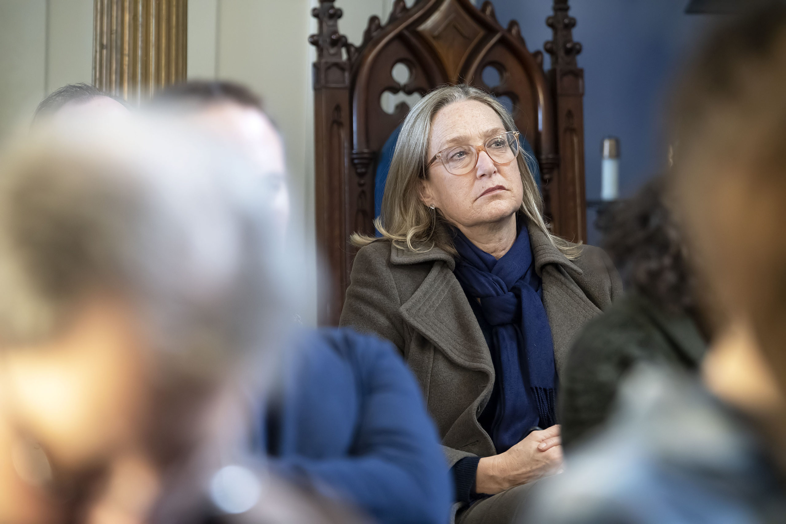 Suffolk County Legislator Bridget Fleming listens to the presentations during the New York State's Cannabis Programs in Context event that was hosted by David Falkowski and Open Minded Organics at the Masonic Lodge on Saturday afternoon.  MICHAEL HELLER