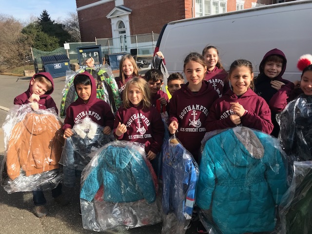 Members of the Southampton Elementary School Student Council recently collected numerous gently used coats as part of an annual community service project to help those in need. The coats were all dry-cleaned by Good Ground Cleaners in Hampton Bays and delivered to the Heart of the Hamptons. The project is one of many that the Student Council has worked on this school year.