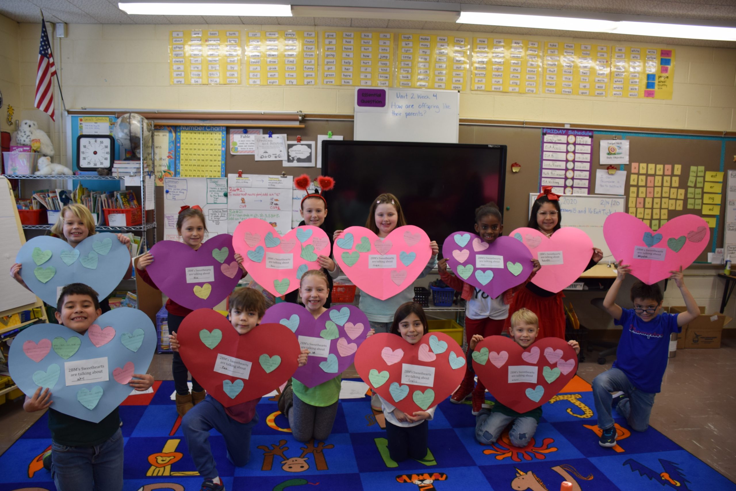 Westhampton Beach Elementary School students were full of kind words on Valentine’s Day as they completed a variety of educational projects. They made giant hearts filled with compliments to give to their classmates, designed Valentine’s Day cards and, at the kindergarten level, worked on their writing skills by drawing on hearts using the “at” word family, such as cat, bat, sat, and sight words.