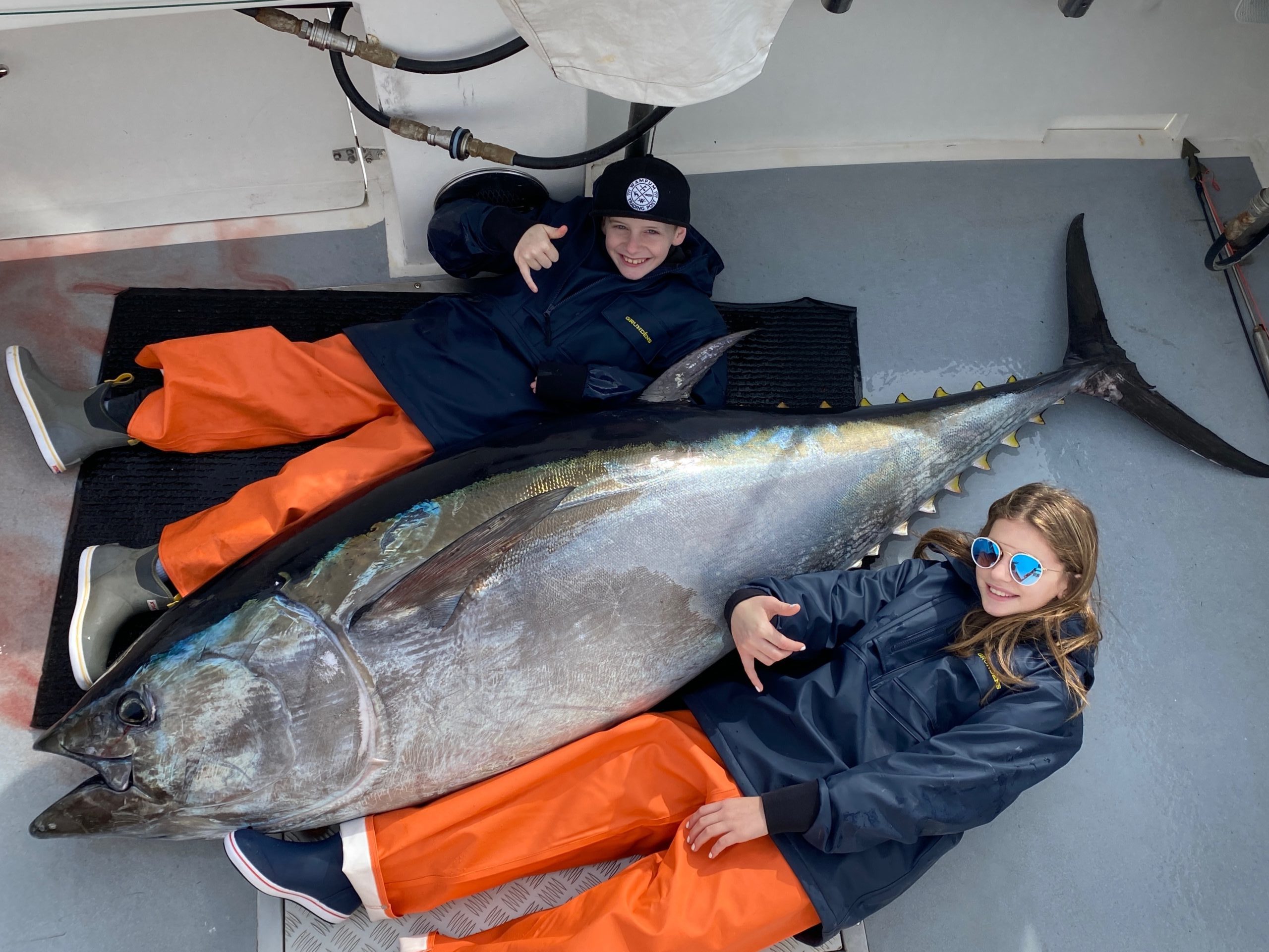 Montauk kids Brayden and Carly Fromm helped their dad deck this bluefin tuna while fishing in North Carolina this week. 