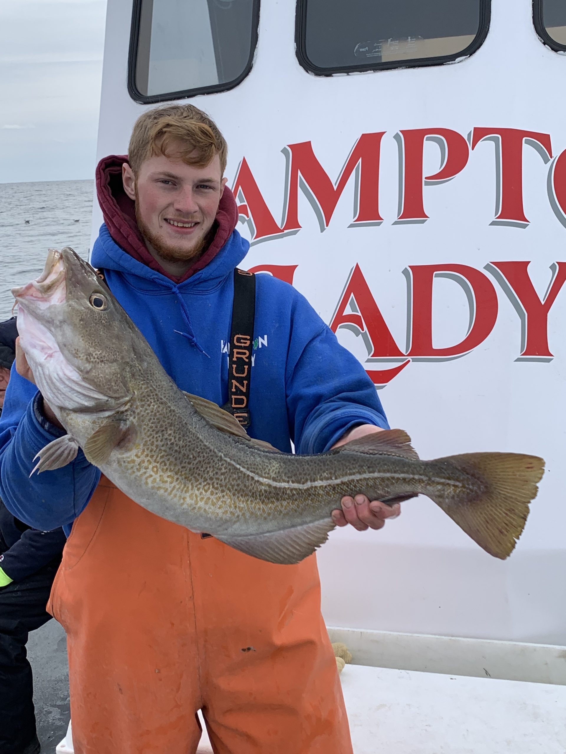 Billy Longnecker of Southampton took a few moments away from his duties as a mate on the Hampton Lady party boat to deck this big codfish on a recent trip. 