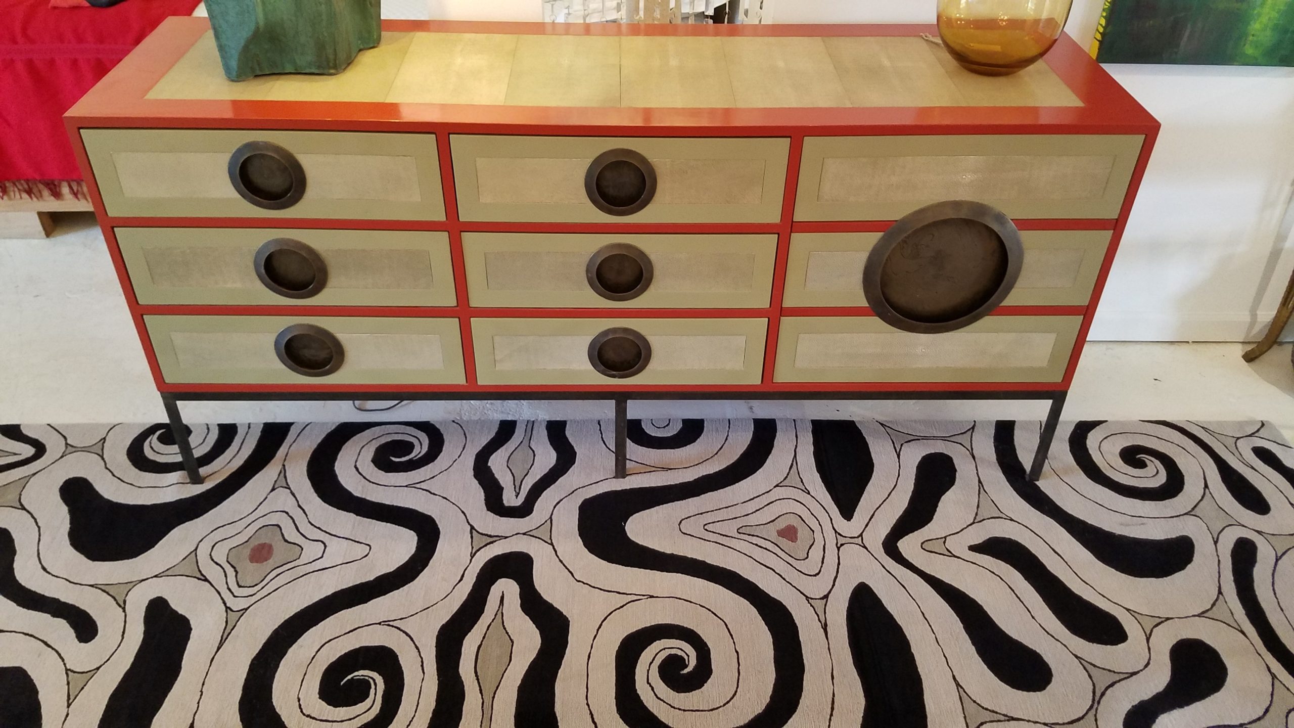 Sideboard with drawers by Kenneth Dipaolo on custom Odegard rug. 