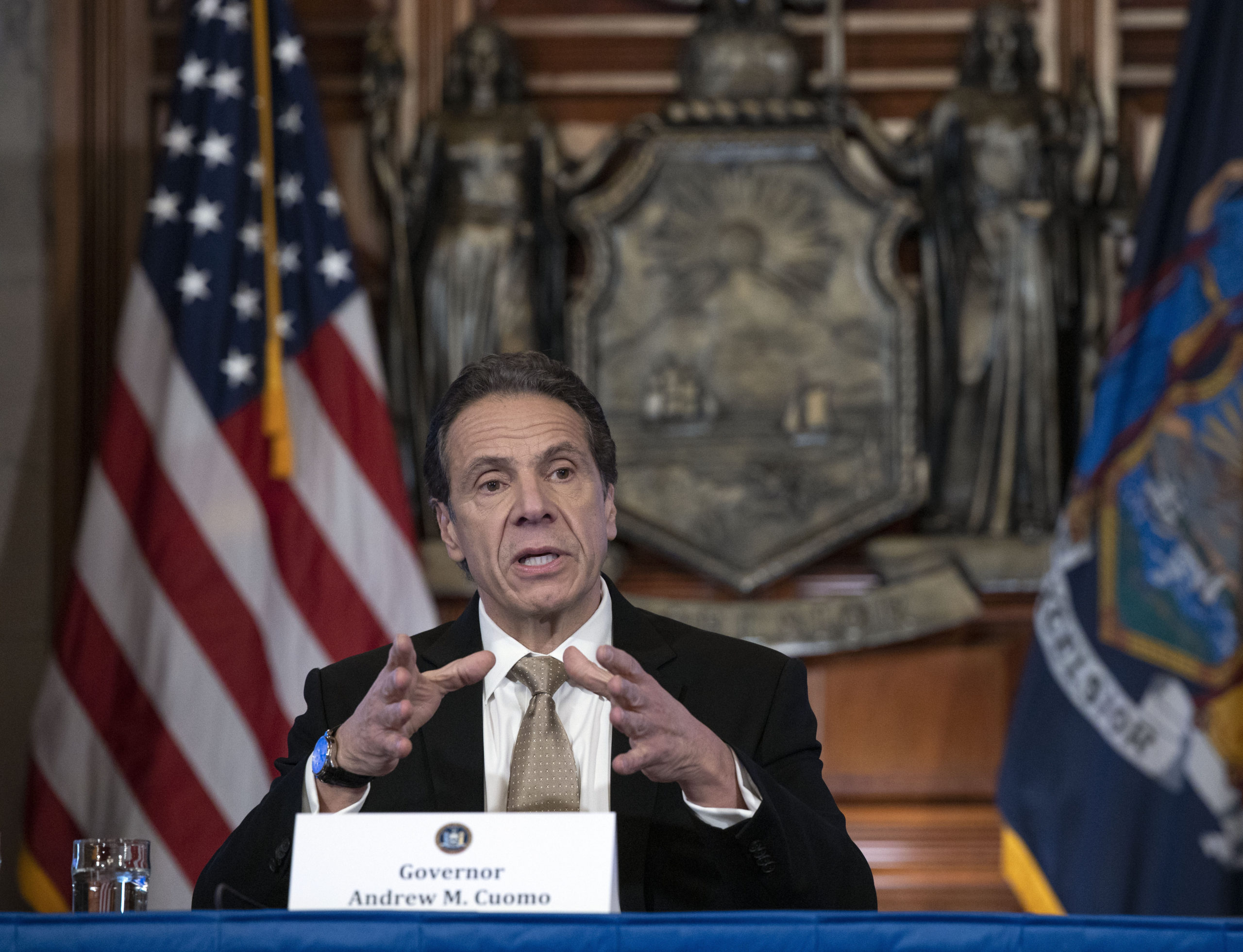 Governor Andrew M. Cuomo provides a coronavirus update during a briefing in the Red Room at the state Capitol in Albany.   MIKE GROLL