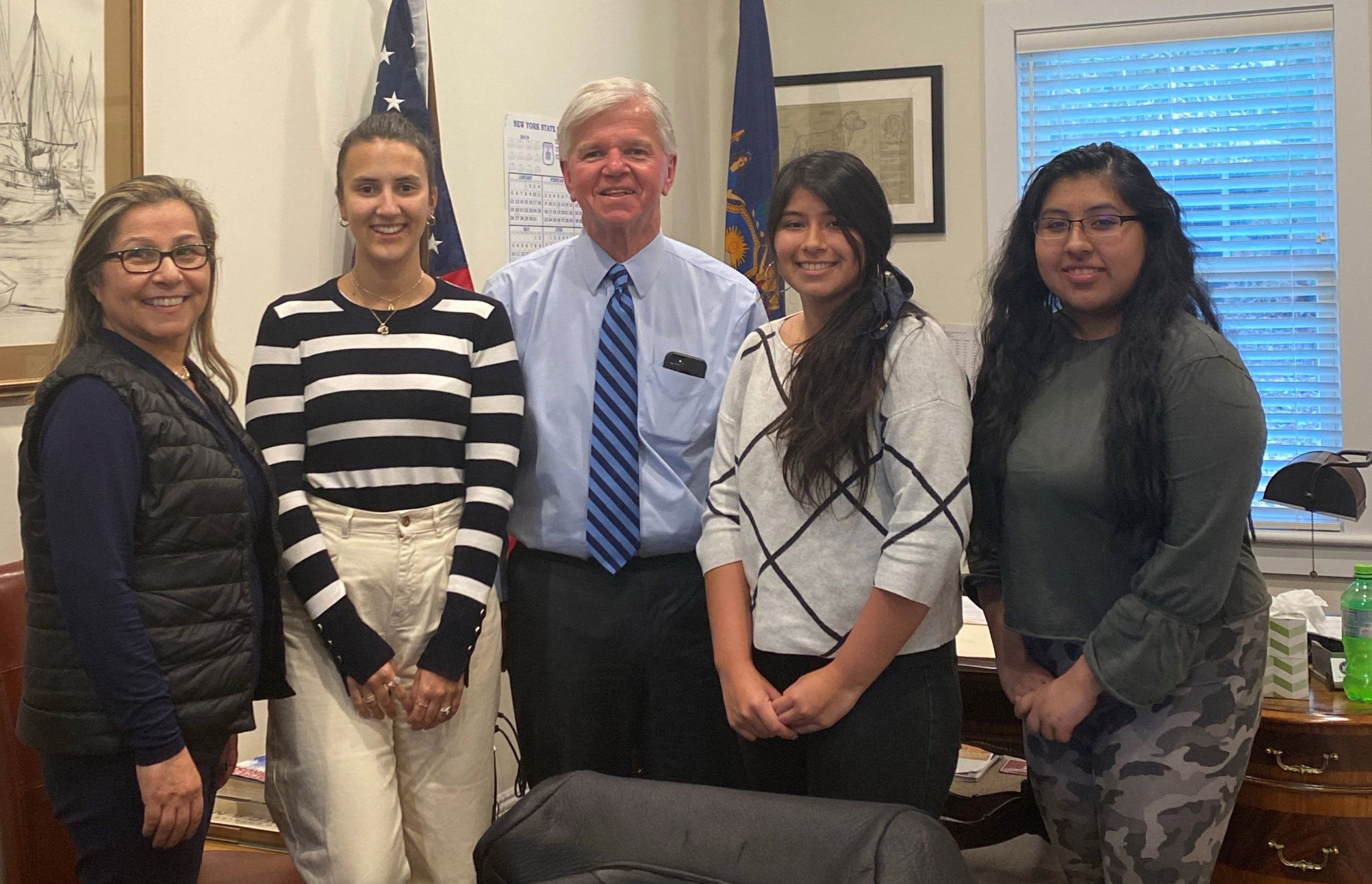 Assemblyman Fred W. Thiele Jr. welcomed students who were selected to participate in the Angelo Del Toro Puerto Rican/Hispanic Youth Leadership Institute and will be traveling to Albany on March 9 to participate in a legislative mock session. From left, Isabel Sepúlveda-de Scanlon, Southampton Community Liaison;, Alazne Betolaza Salazar; Mr. Thiele; Katherine Ordonez and Citlalli Chino, both students at Southampton High School.
