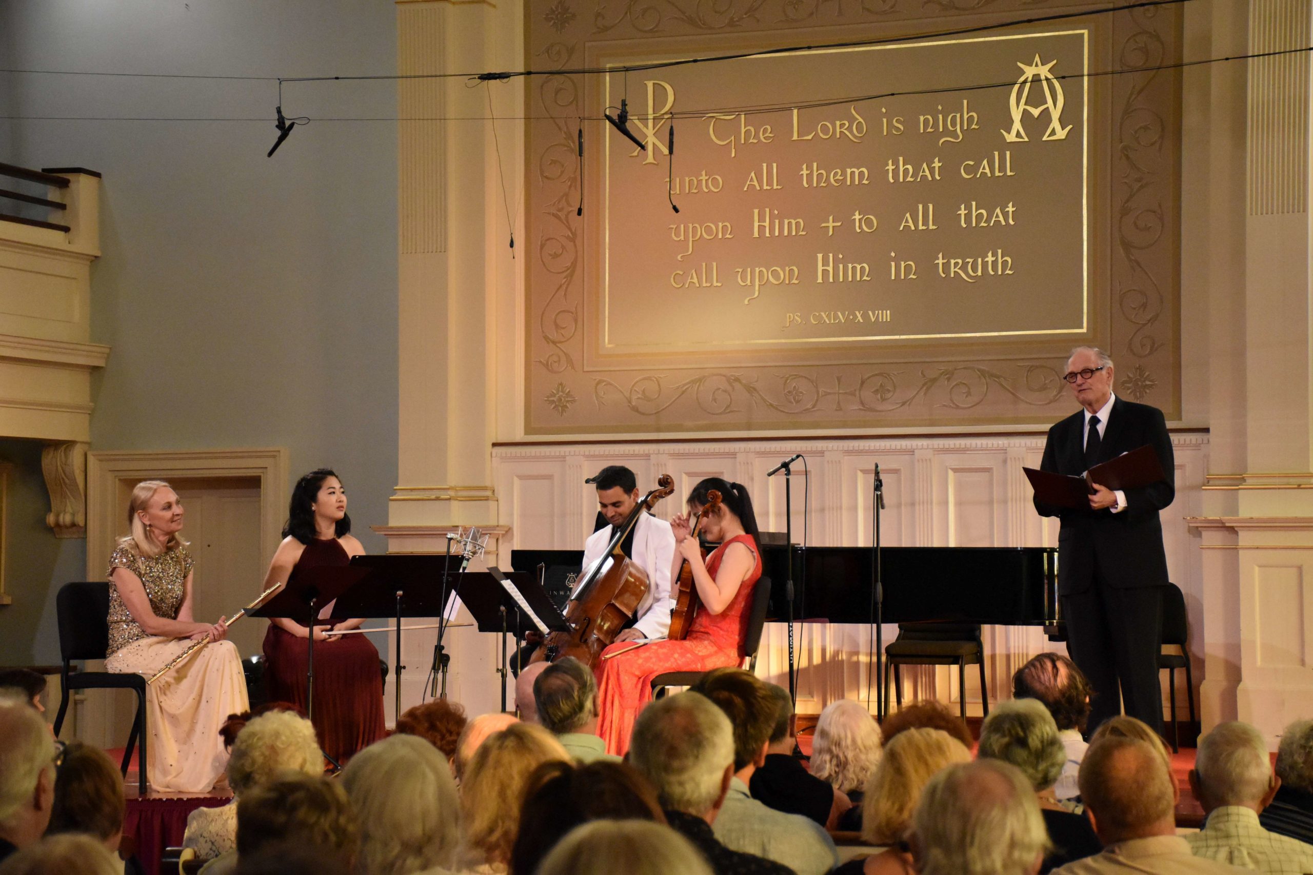 Alan Alda, far right, with Marya Martin (left) and Bridgehampton Chamber Music Festival colleagues during a 2016 concert of the  at the Bridgehampton Presbyterian Church. 