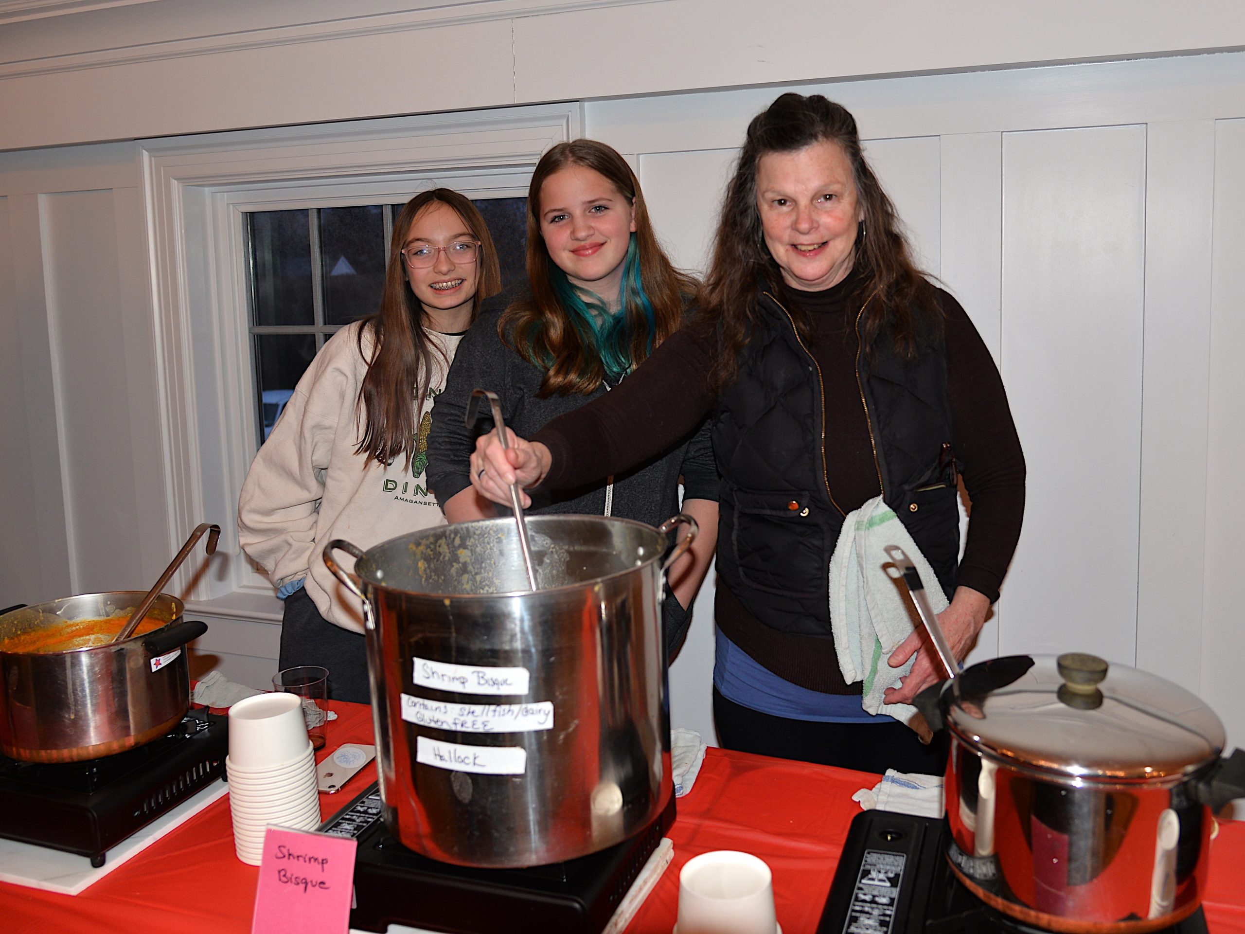 The deacons of the Amagansett Presbyterian Church hosted a Soup and Chili dinner on Saturday. Ea Feleppa, Emma Hallock and Betsy Martin are ready to serve it up. KYRIL BROMLEY 