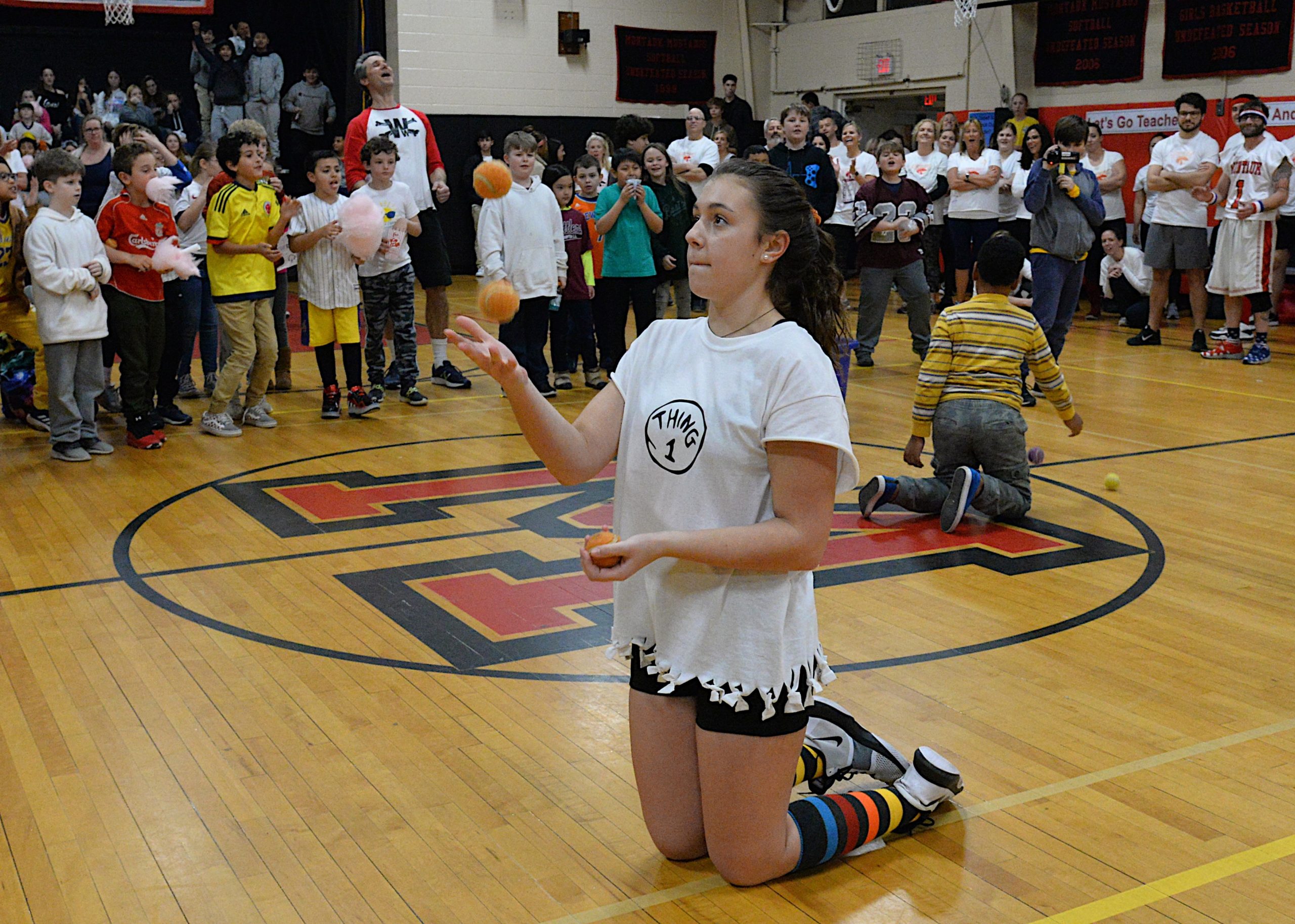 Montauk School held its Sports Night on Friday, during which teachers and eighth grade students competed in a variety of contests before a packed house of cheering students and parents. Katie Kuneth won the juggling event. KYRIL BROMLEY 