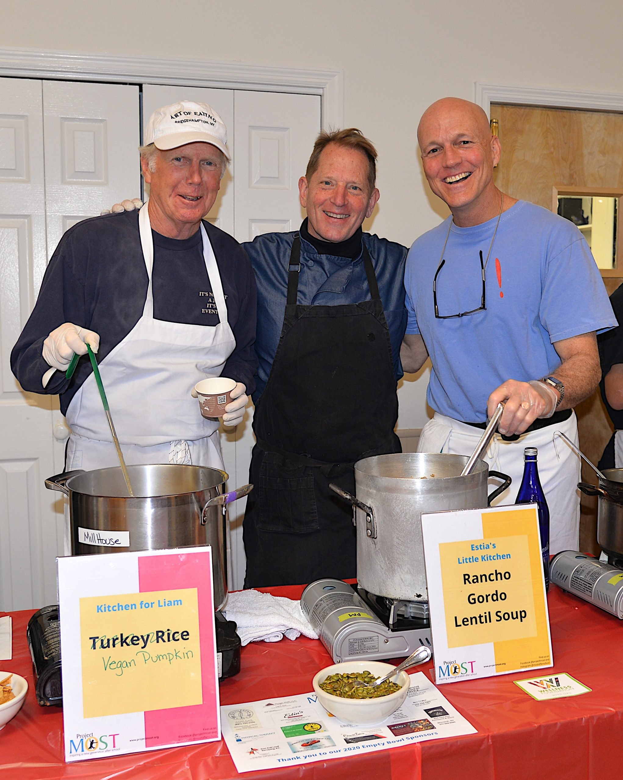 Empty Bowls, a fundraiser for Project Most, with soups from local chefs and restaurants took place at the Amagansett American Legion hall on Sunday. Serving up their specialities, from left, John Kowalenko, Colin Ambrose and Pat McKibbin.  KYRIL BROMLEY