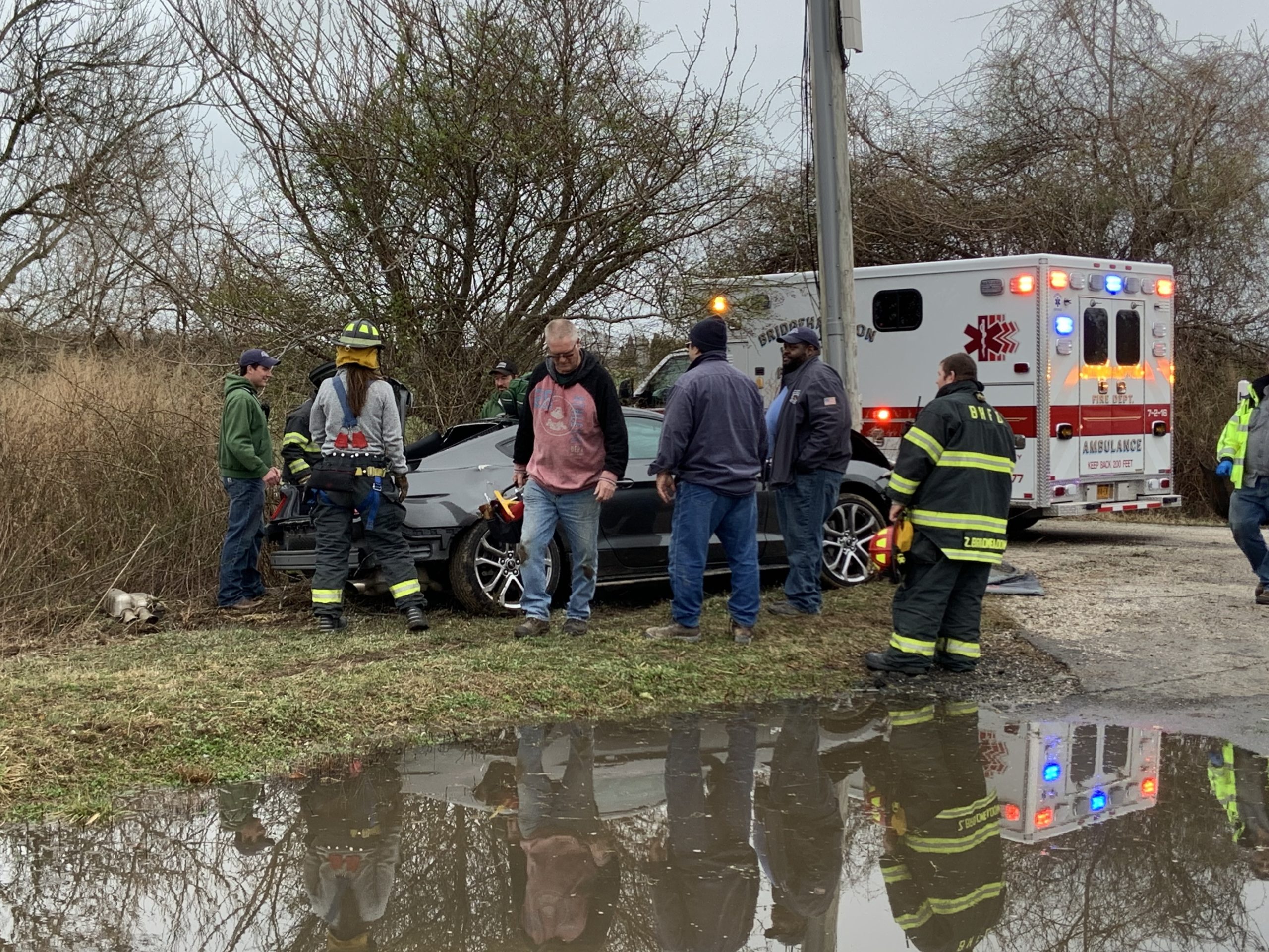Bridgehampton firefighters and EMS personnel were at the scene of a single-car accident on Highland Terrace in Bridgehampton Thursday, March 19, at about 3:3:30 p.m. STEPHEN J. KOTZ
