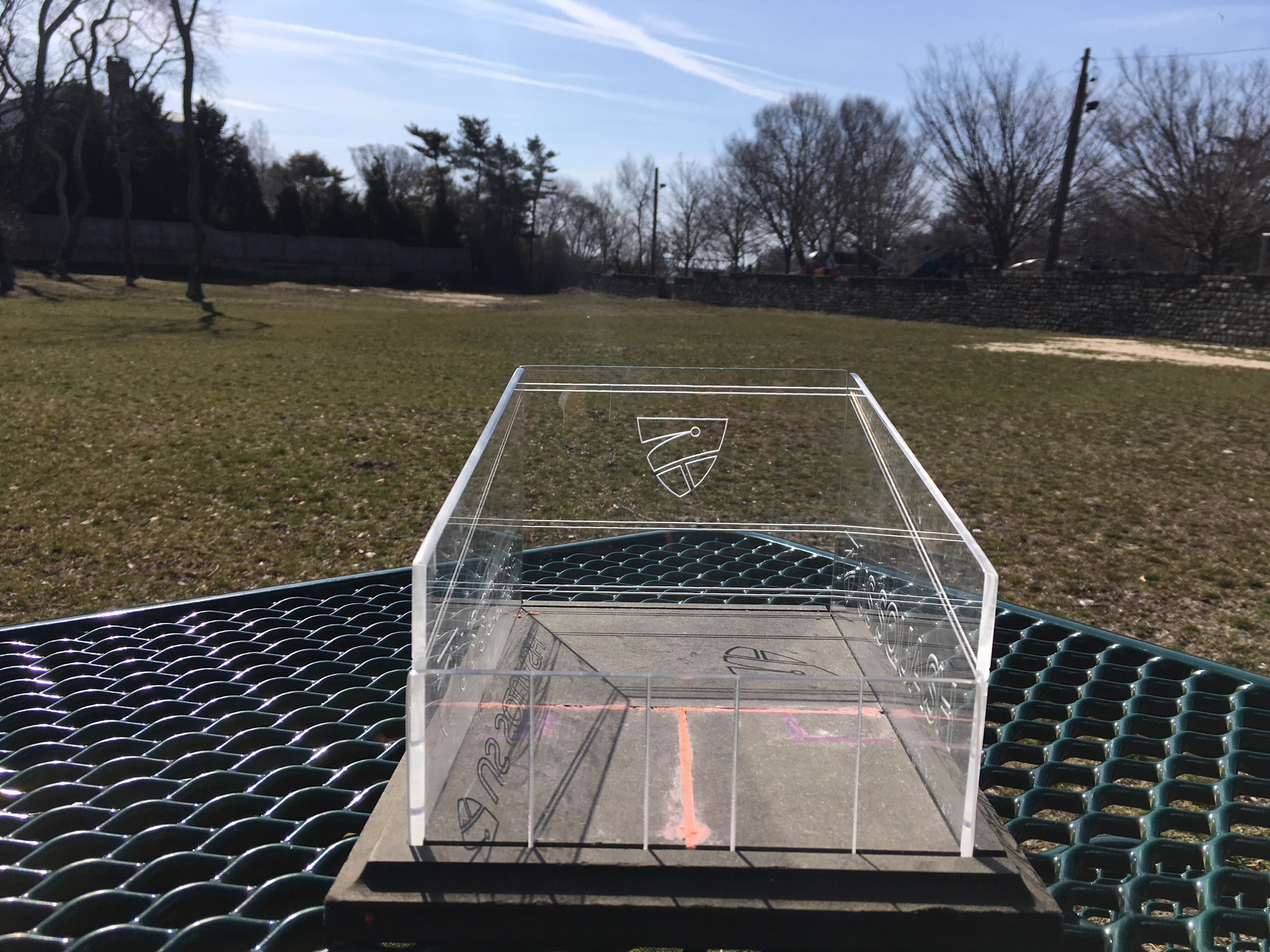 Another view of the miniature replica of the squash court a local group wants to install at Doscher Park in Southampton Village. KITTY MERRILL