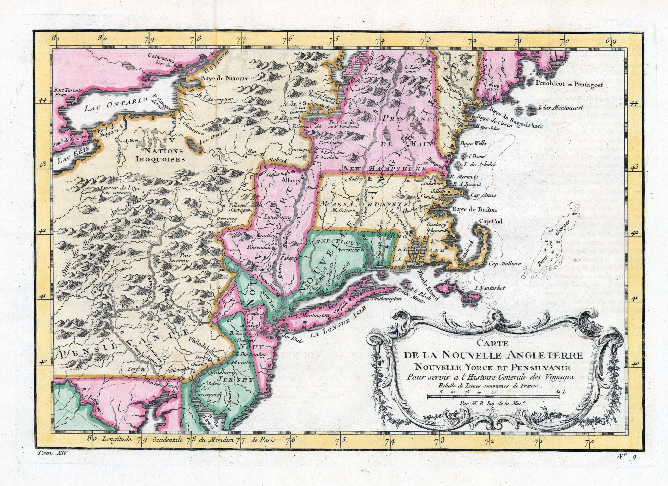 1757 Map of New England by Parisian Cartographer J. Bellin. 