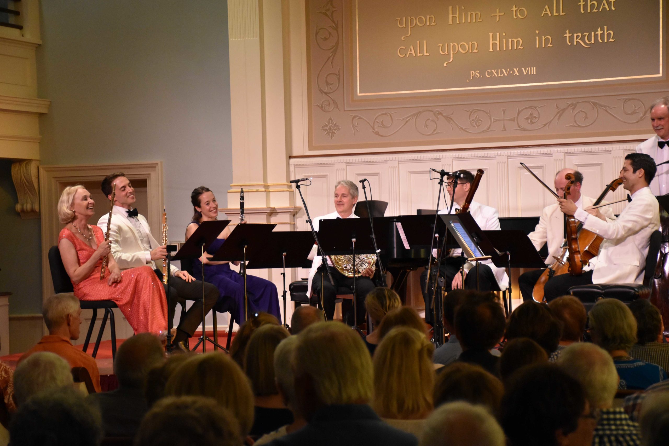 From left, Alan Alda, Marya Martin and Gilles Vonsattel at a 2017 concert of the Bridgehampton Chamber Music Festival at the Bridgehampton Presbyterian Church. 