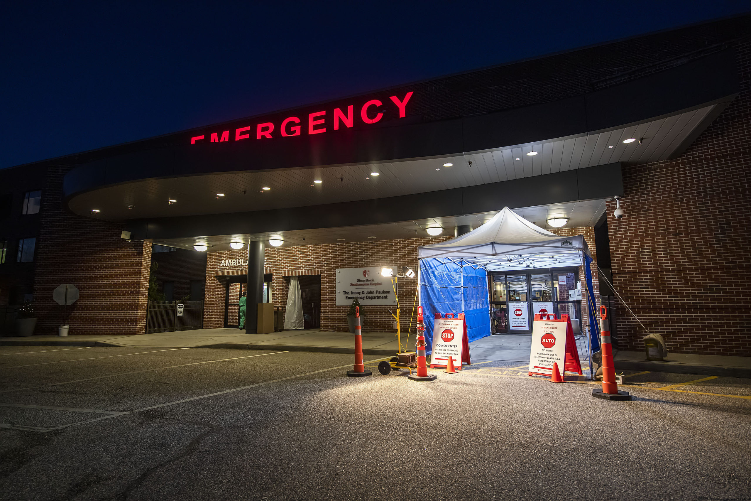 The exterior entrance of the Southampton Hospital Emergency Department as prepared for the COVID-19 pandemic, photographed on Friday night.  MICHAEL HELLER