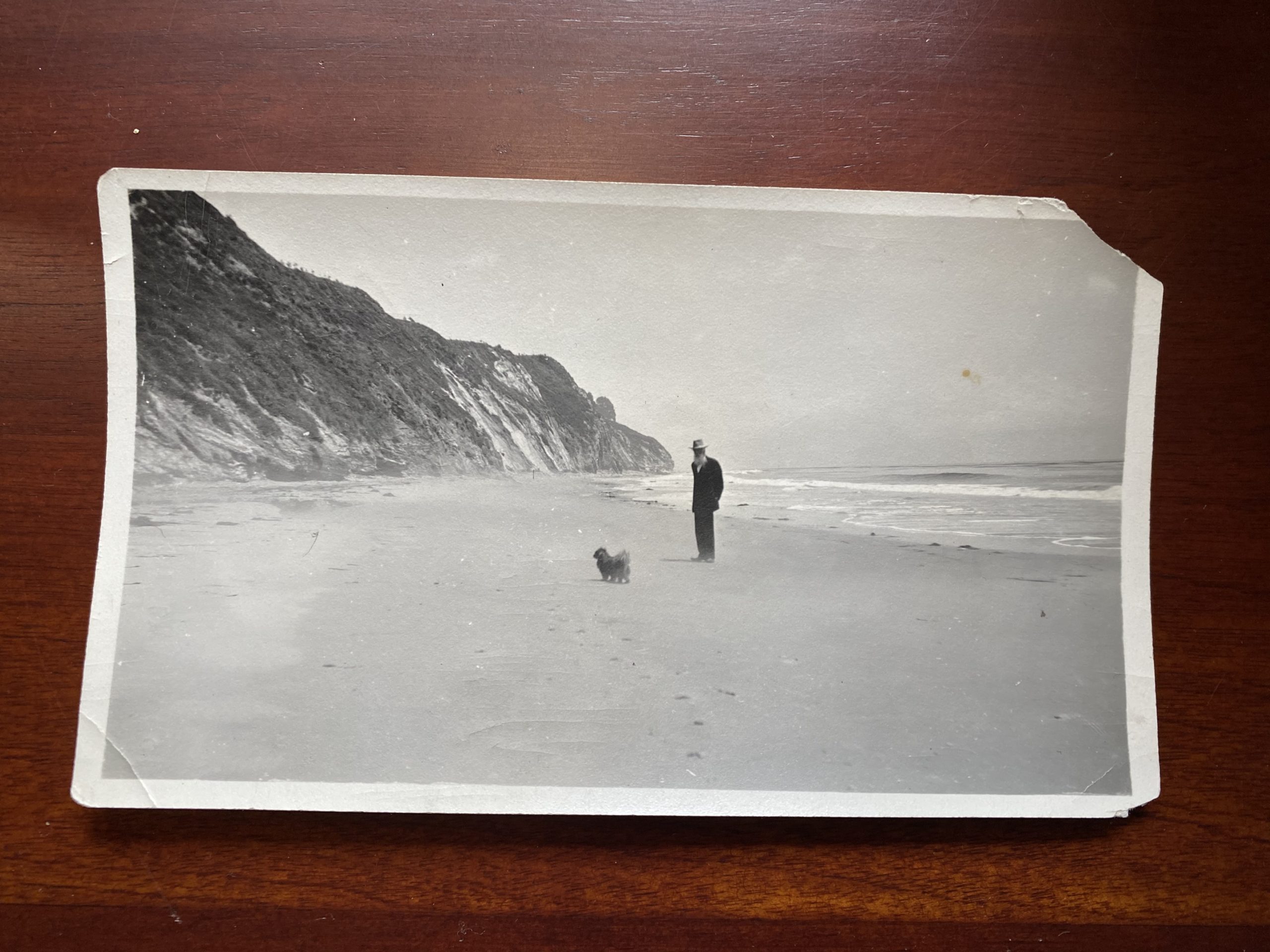 Photo of Thomas Moran on the beach with his dog Wang Wei, 1918. 