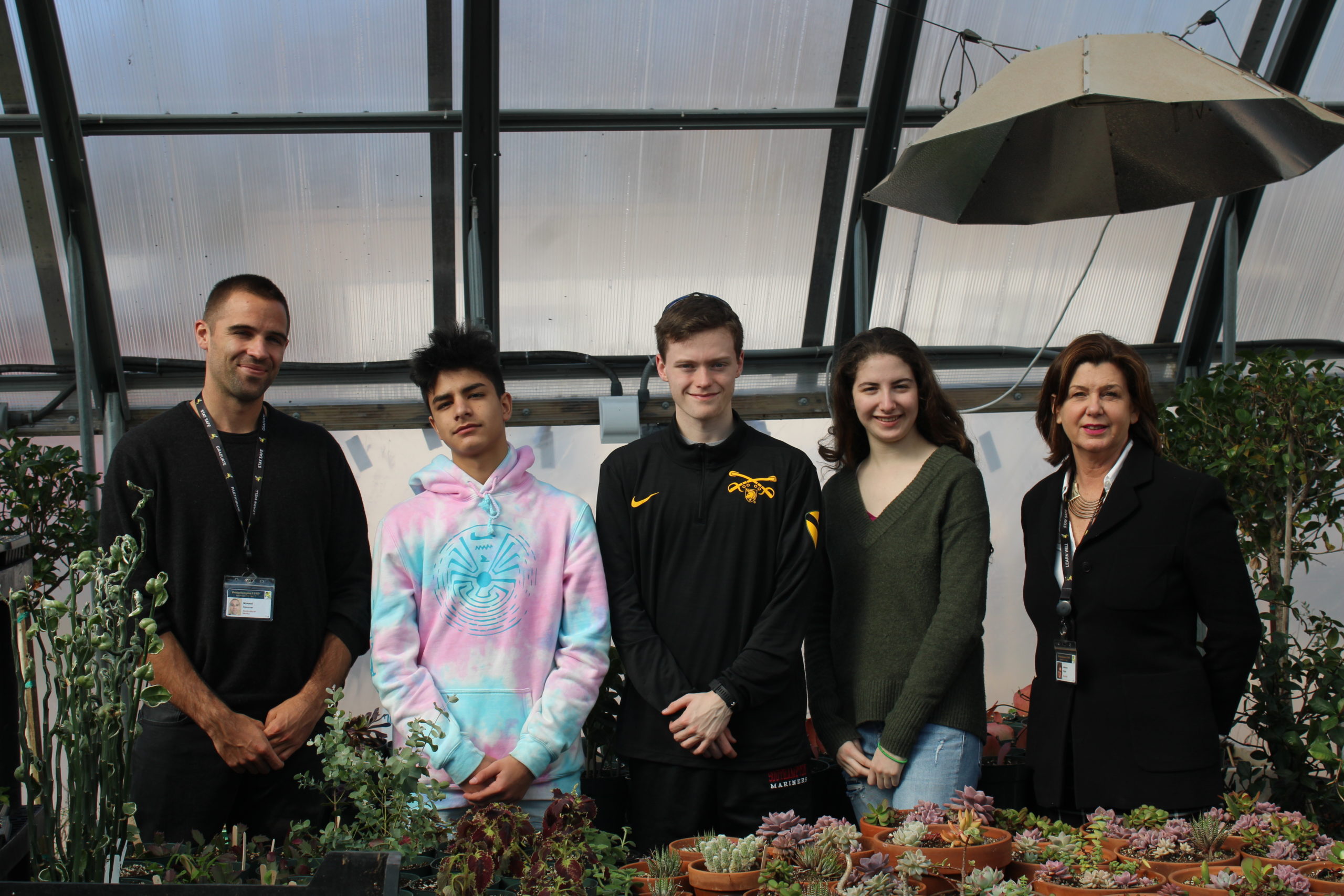 Bridgehampton School horticultural worker Maxwell Spooner, Anthony Cabrera, Maximus Tiska, Madeline Grabb and agriculture and technology teacher Judiann Carmack-Fayyaz.