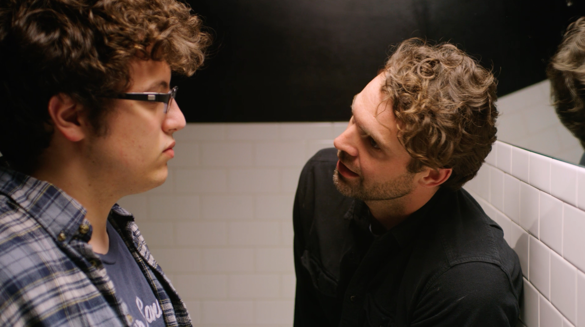 Actors Dimitri Spiridakis (Danny), left, and Rob Hancock (Tony) in a pivotal moment between father and son in 