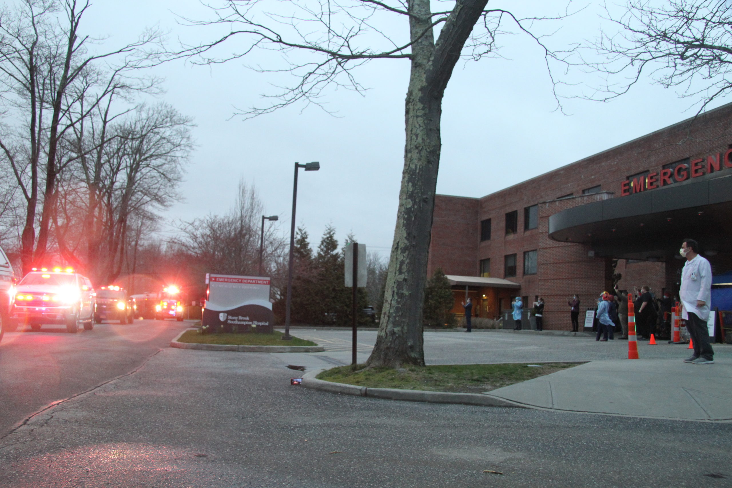 First responders from every department on the South Fork streamed past the Stony Brook Southampton Hospital emergency room on Friday night to salute hospital staff. 