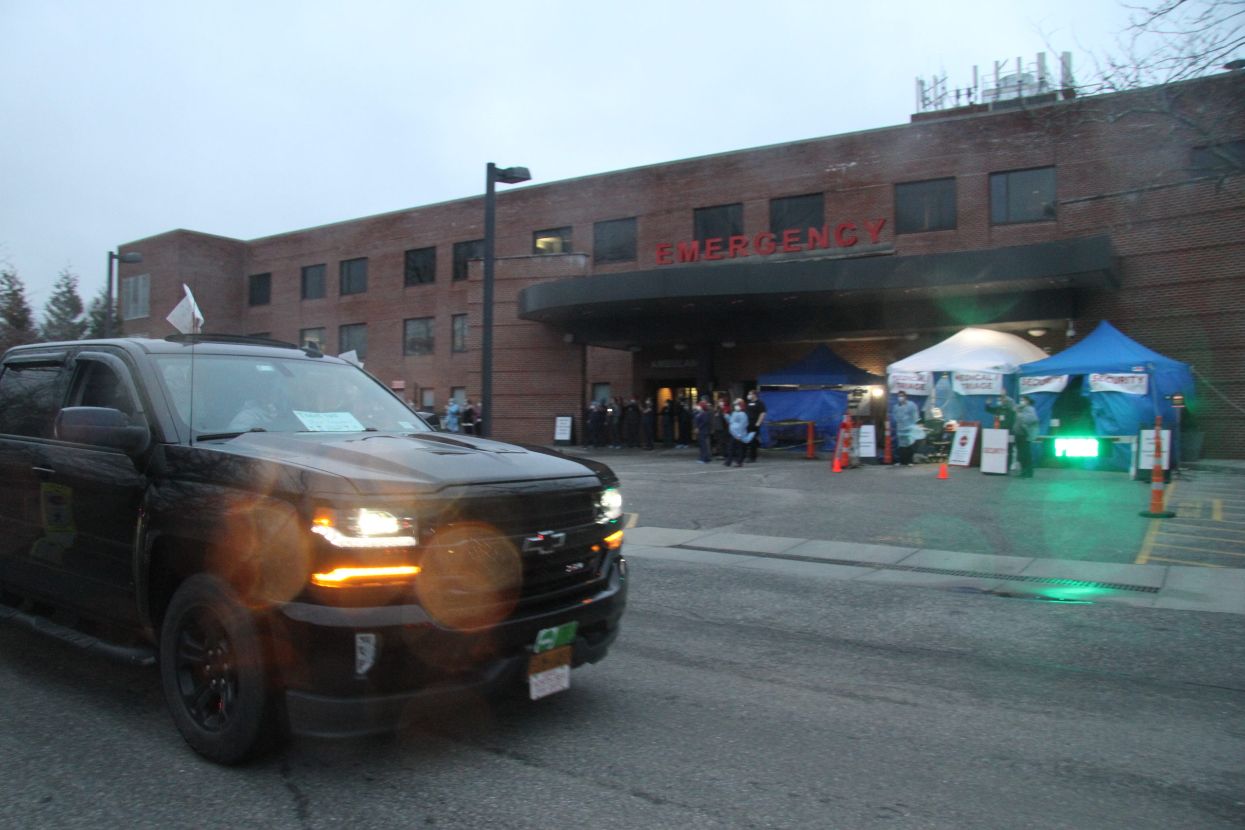 First responders from every department on the South Fork streamed past the Stony Brook Southampton Hospital emergency room on Friday night to salute hospital staff. 