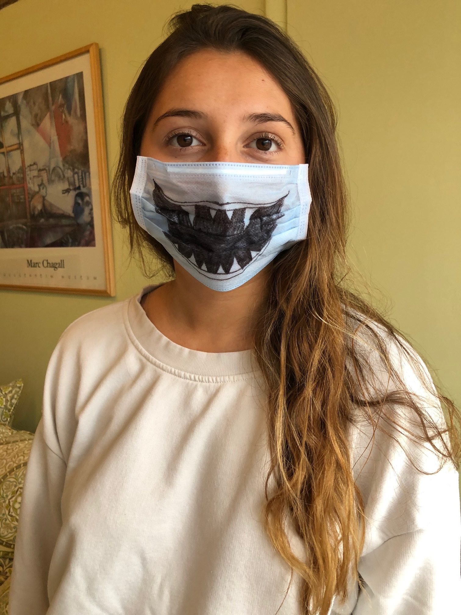 Karmen Friedman of Southampton added style to a plain surgical face covering. 
