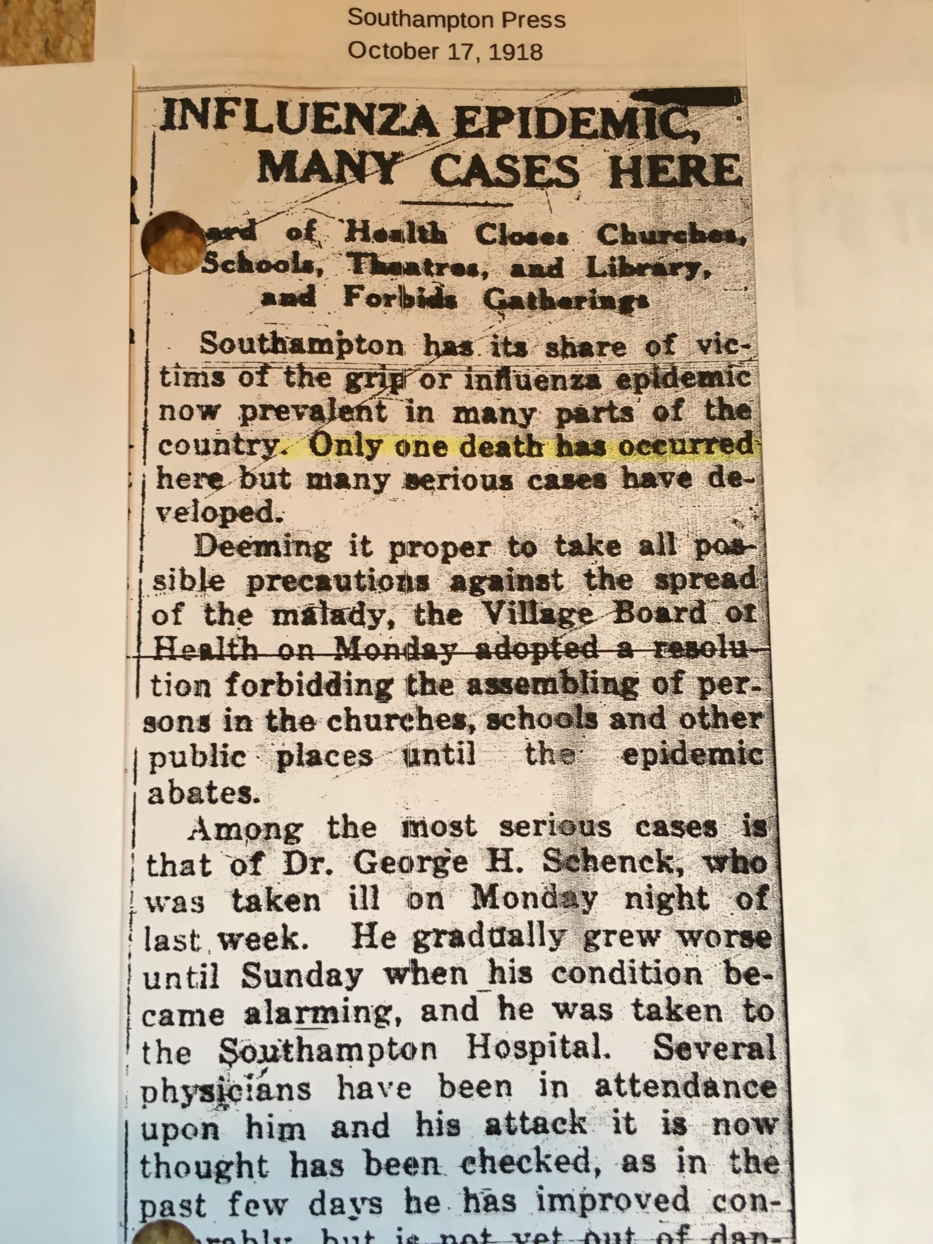 An article in the October 17, 1918, edition of The Southampton Press.